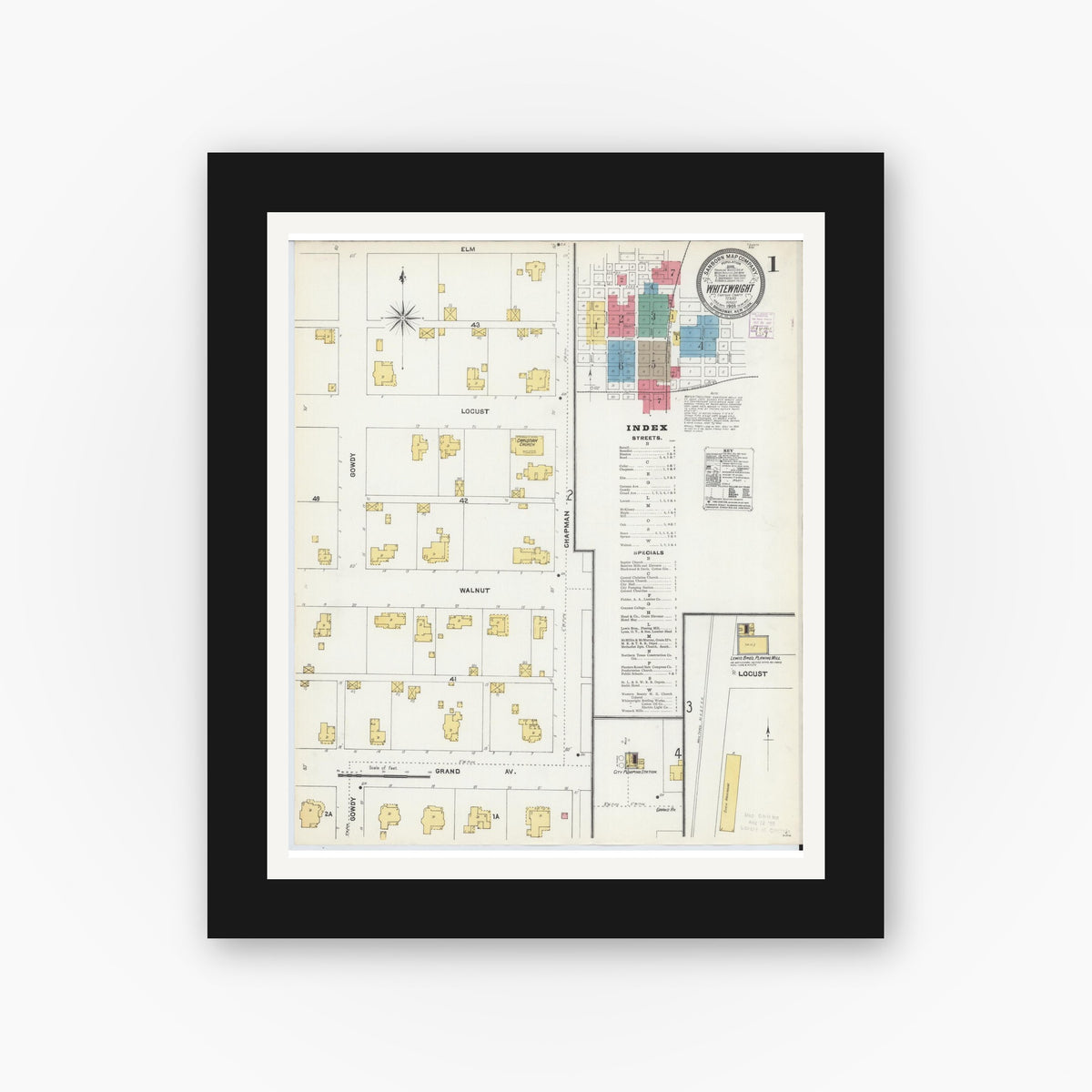 Old map wall art mockup — black gallery frame with white mat — Sanborn Fire Insurance Map from Whitewright, Grayson County, Texas (1905) - Complete Map Set