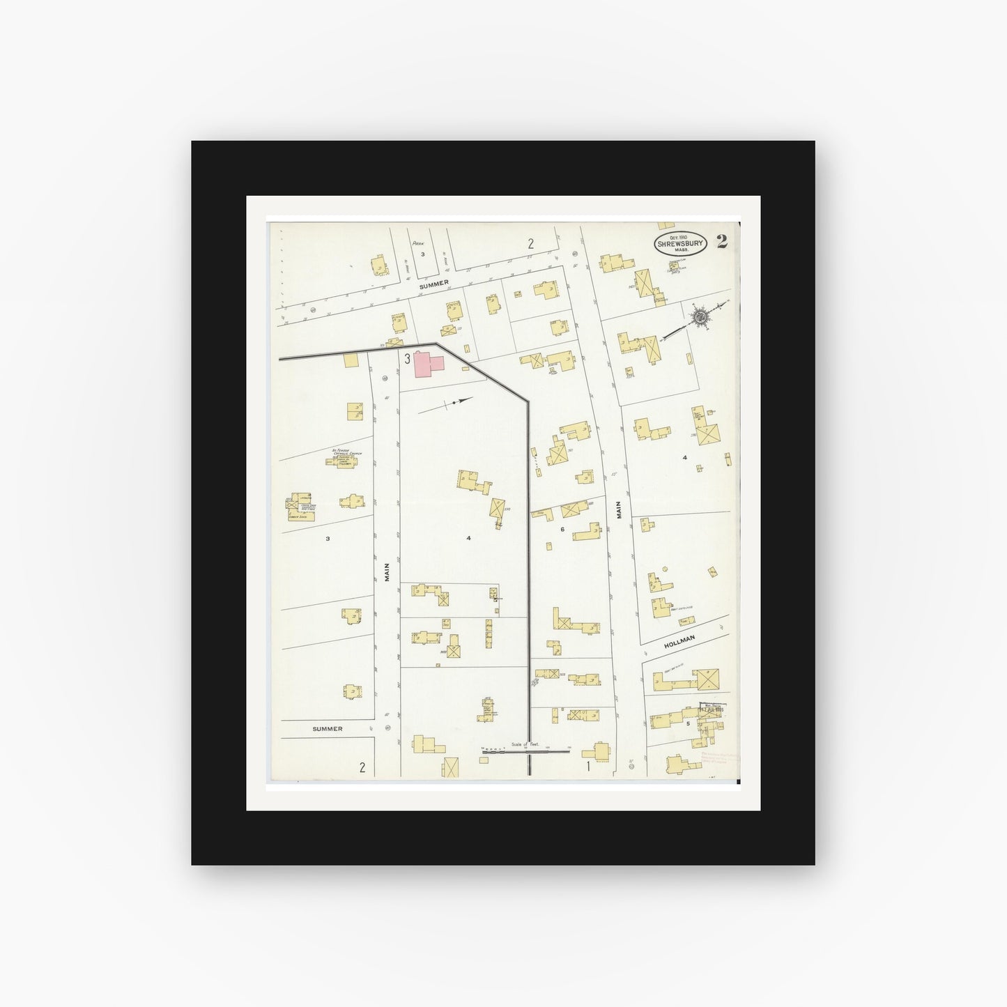 Old map wall art mockup — black gallery frame with white mat — Sanborn Fire Insurance Map from Shrewsbury, Worcester County, Massachusetts (1910), Sheet #0002