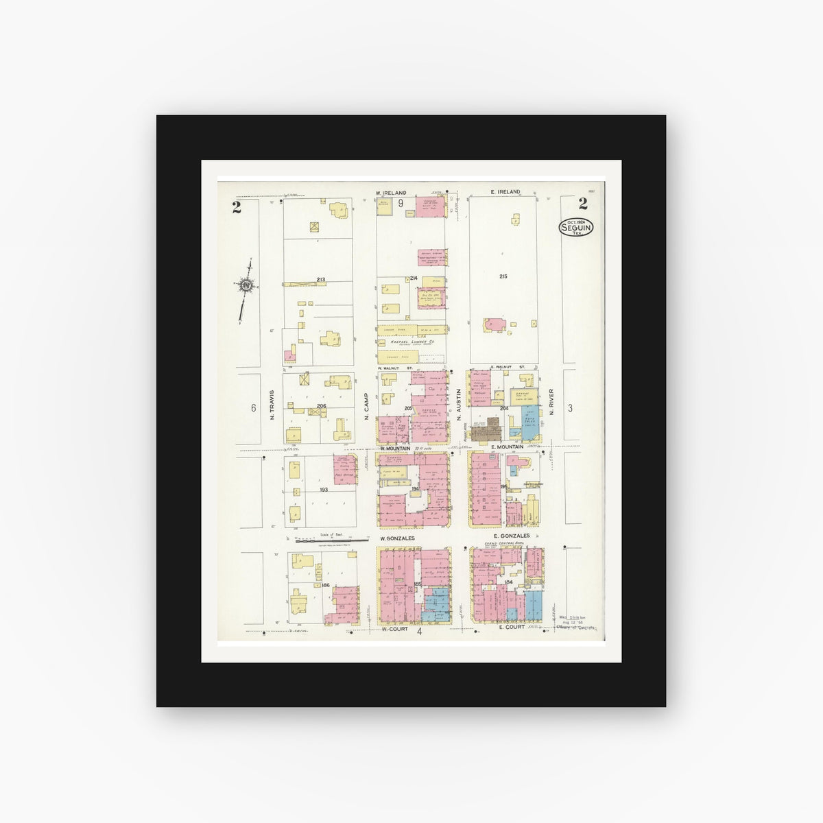 Old map wall art mockup — black gallery frame with white mat — Sanborn Fire Insurance Map from Seguin, Guadalupe County, Texas (1924), Sheet #0002