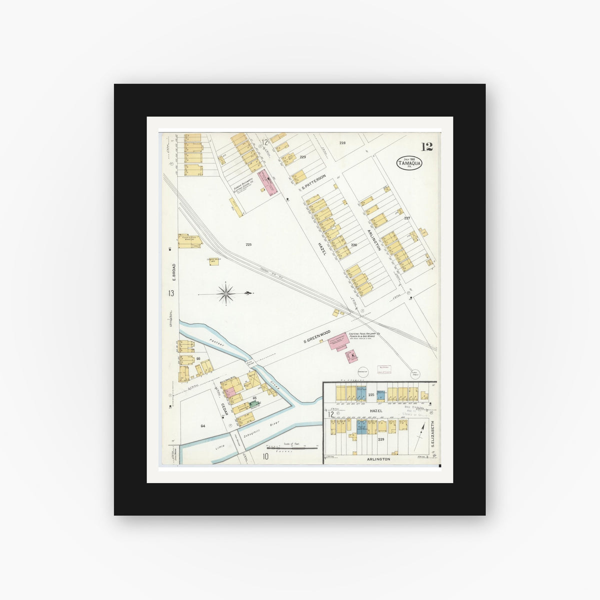 Old map wall art mockup β black gallery frame with white mat β Sanborn Fire Insurance Map from Tamaqua, Schuylkill County, Pennsylvania (1908), Sheet #0012