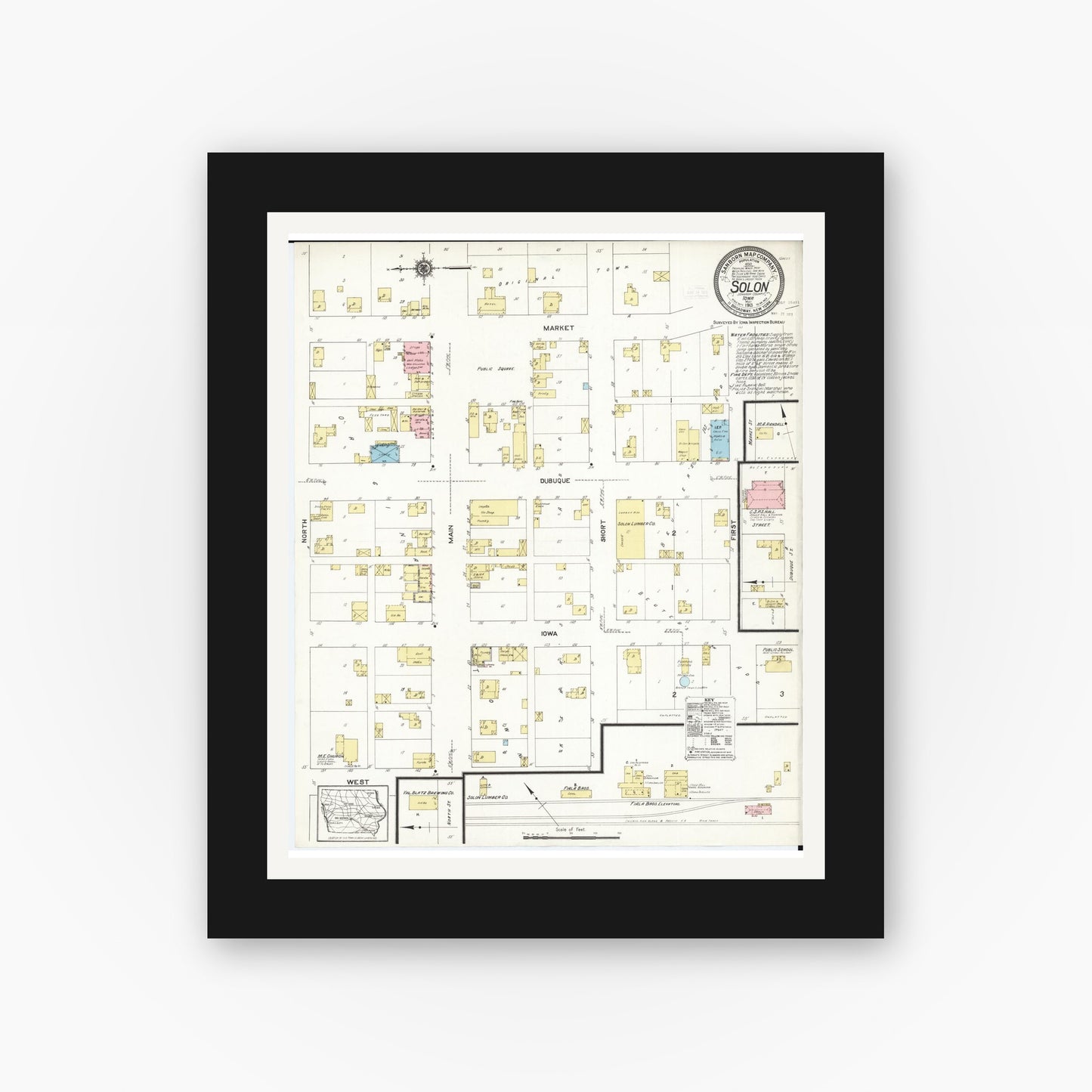 Old map wall art mockup — black gallery frame with white mat — Sanborn Fire Insurance Map from Solon, Johnson County, Iowa (1913), Sheet #0001