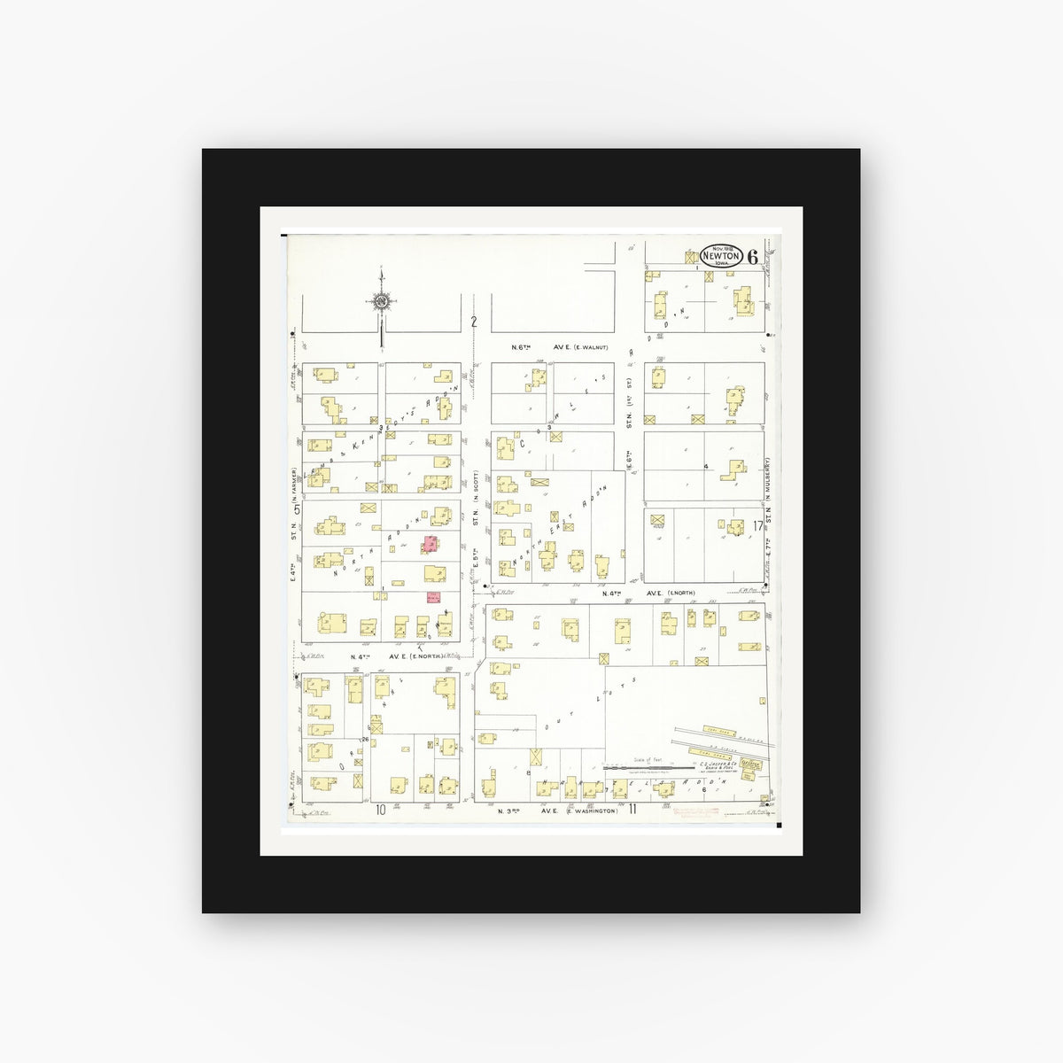 Old map wall art mockup — black gallery frame with white mat — Sanborn Fire Insurance Map from Newton, Jasper County, Iowa (1918), Sheet #0006