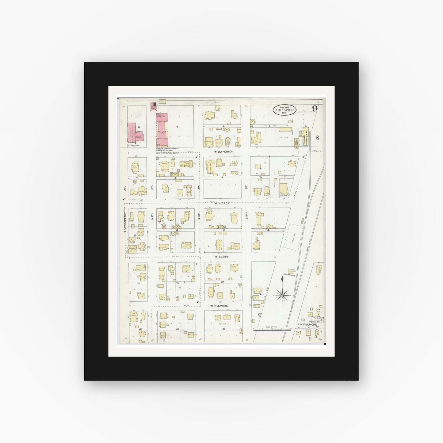 Old map wall art mockup — black gallery frame with white mat — Sanborn Fire Insurance Map from Kirksville, Adair County, Missouri (1906), Sheet #0009