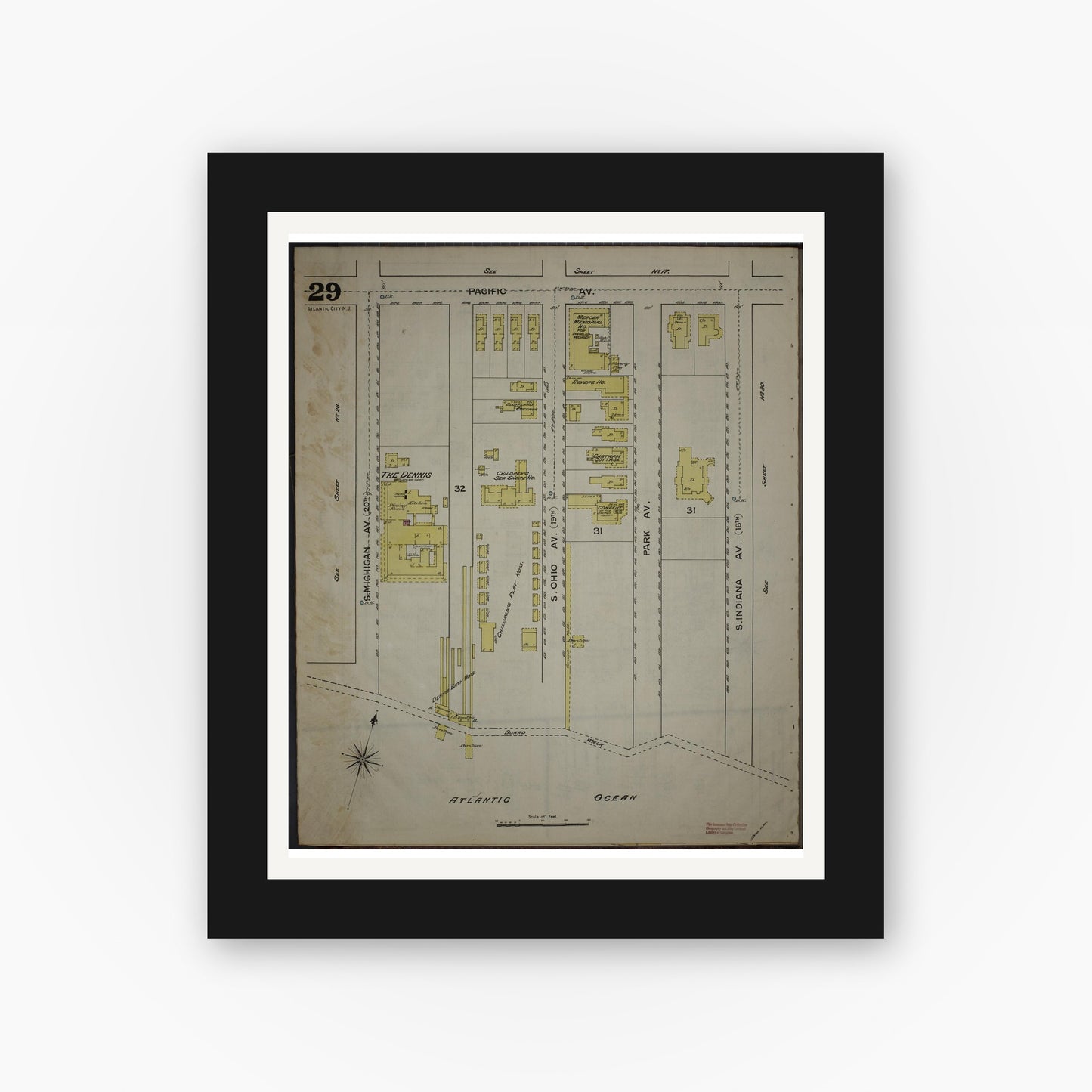Old map wall art mockup — black gallery frame with white mat — Sanborn Fire Insurance Map from Atlantic City, Atlantic County, New Jersey (1886), Sheet #0029