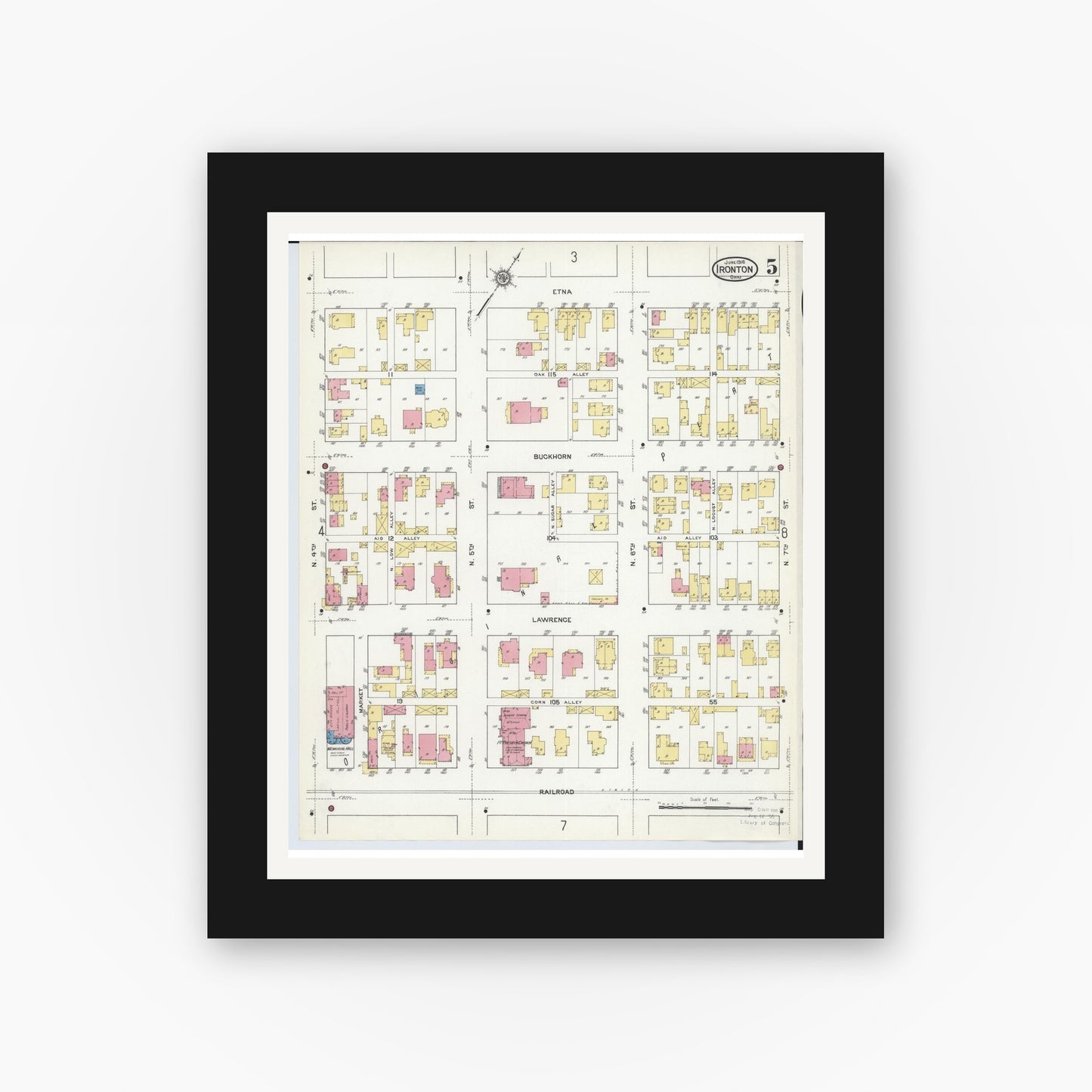 Old map wall art mockup — black gallery frame with white mat — Sanborn Fire Insurance Map from Ironton, Lawrence County, Ohio (1916), Sheet #0005