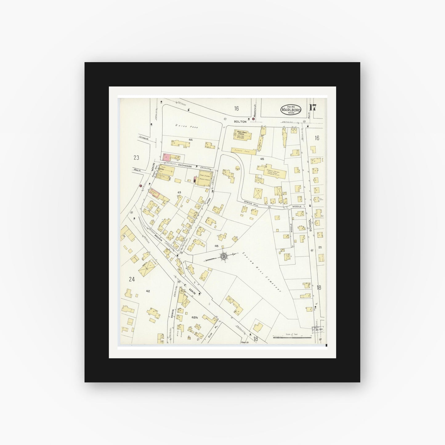Old map wall art mockup — black gallery frame with white mat — Sanborn Fire Insurance Map from Marlborough, Middlesex County, Massachusetts (1912), Sheet #0017