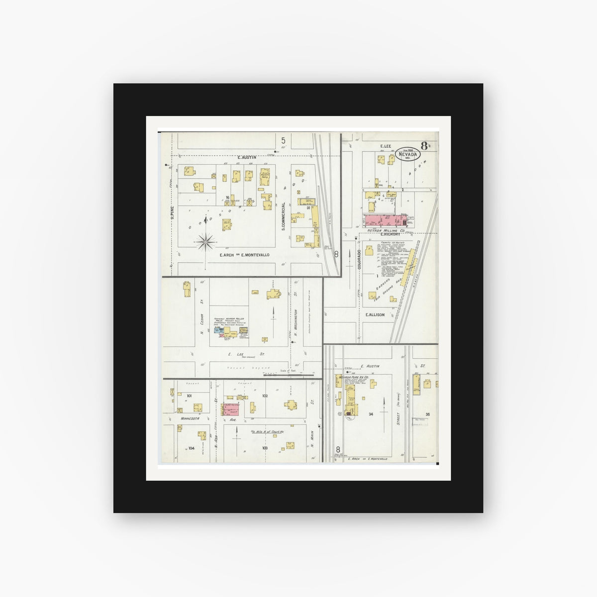 Old map wall art mockup — black gallery frame with white mat — Sanborn Fire Insurance Map from Nevada, Vernon County, Missouri (1900), Sheet #0008
