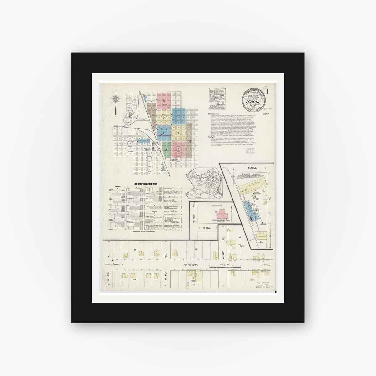 Old map wall art mockup — black gallery frame with white mat — Sanborn Fire Insurance Map from Teague, Freestone County, Texas (1914) - Complete Map Set