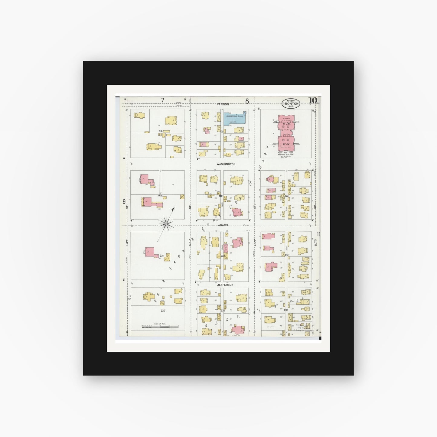 Old map wall art mockup — black gallery frame with white mat — Sanborn Fire Insurance Map from Ironton, Lawrence County, Ohio (1900), Sheet #0010