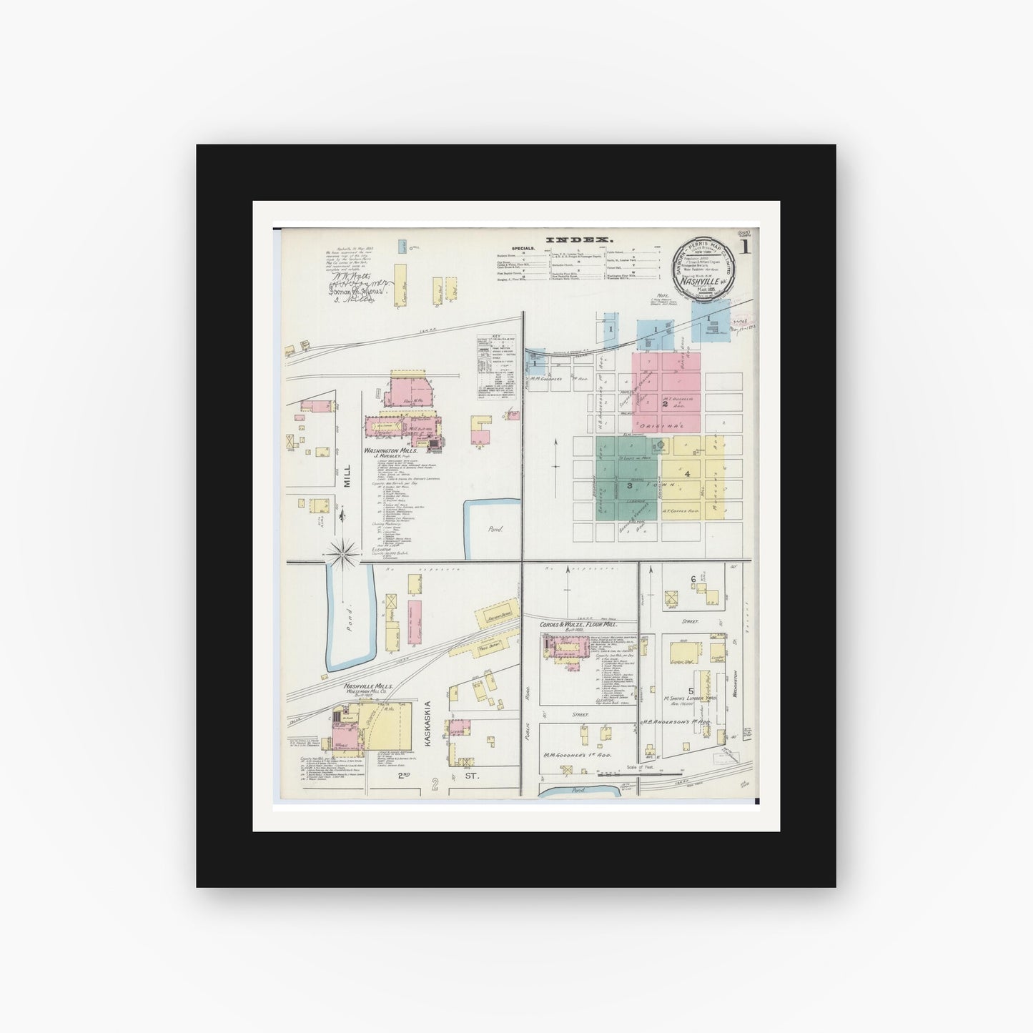 Old map wall art mockup — black gallery frame with white mat — Sanborn Fire Insurance Map from Nashville, Washington County, Illinois (1893) - Complete Map Set
