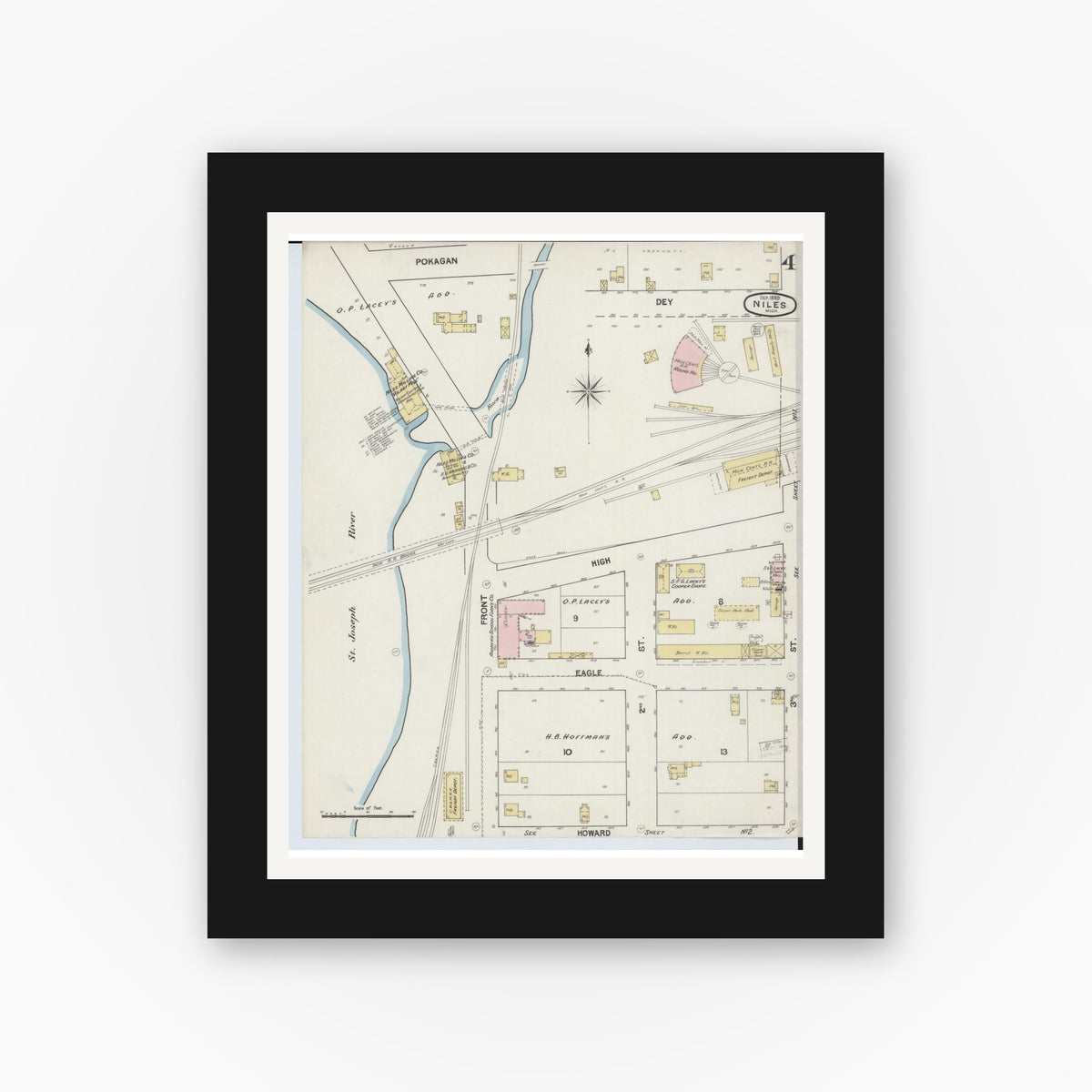 Old map wall art mockup — black gallery frame with white mat — Sanborn Fire Insurance Map from Niles, Berrien County, Michigan (1889), Sheet #0004