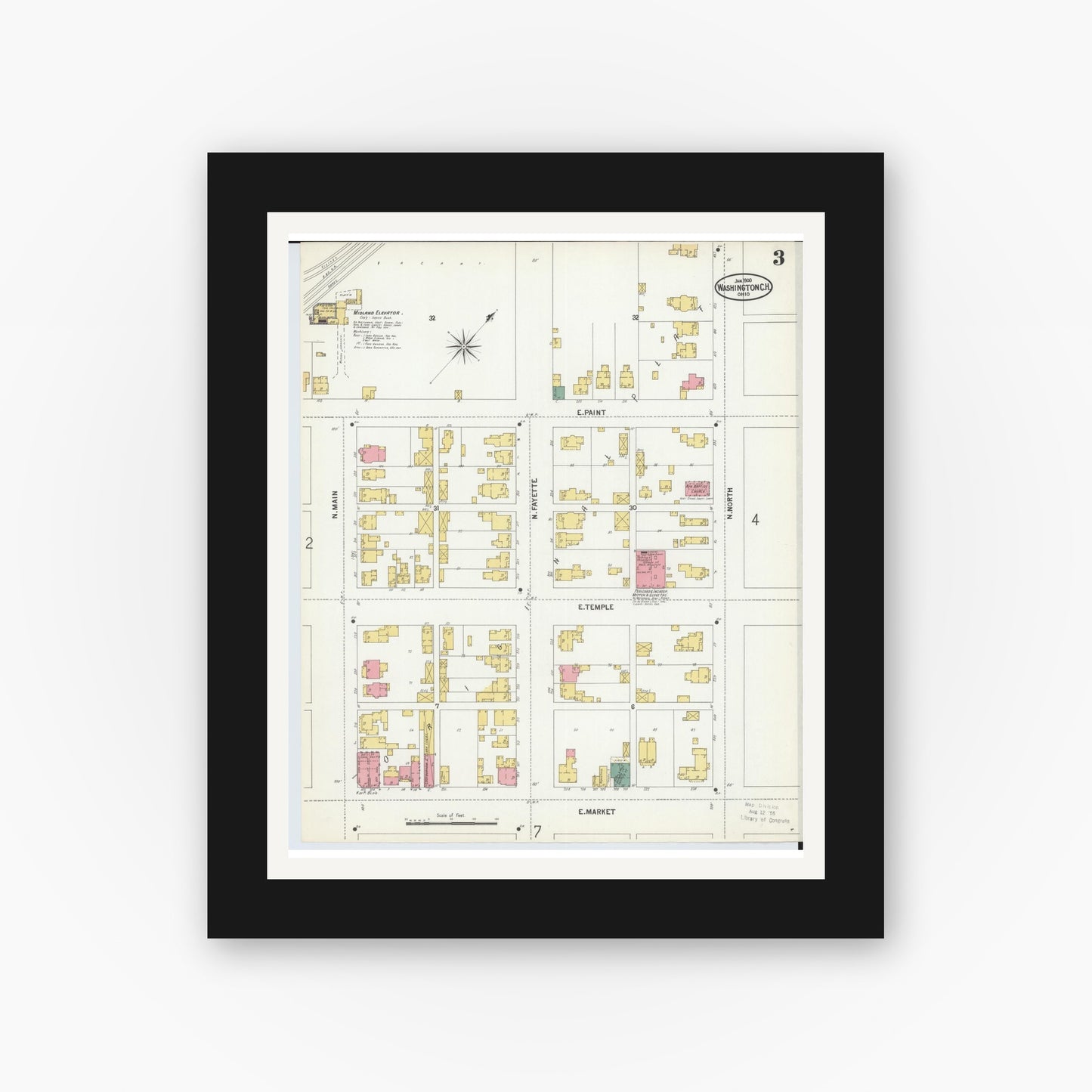Old map wall art mockup — black gallery frame with white mat — Sanborn Fire Insurance Map from Washington Court House, Fayette County, Ohio (1900), Sheet #0003