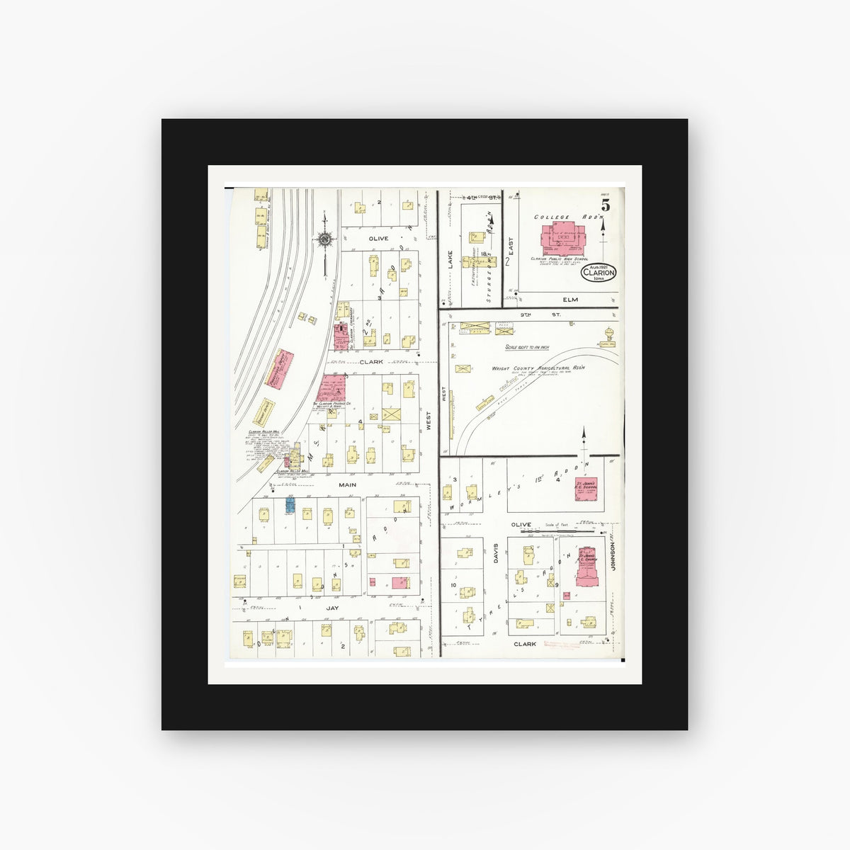 Old map wall art mockup — black gallery frame with white mat — Sanborn Fire Insurance Map from Clarion, Wright County, Iowa (1921), Sheet #0005