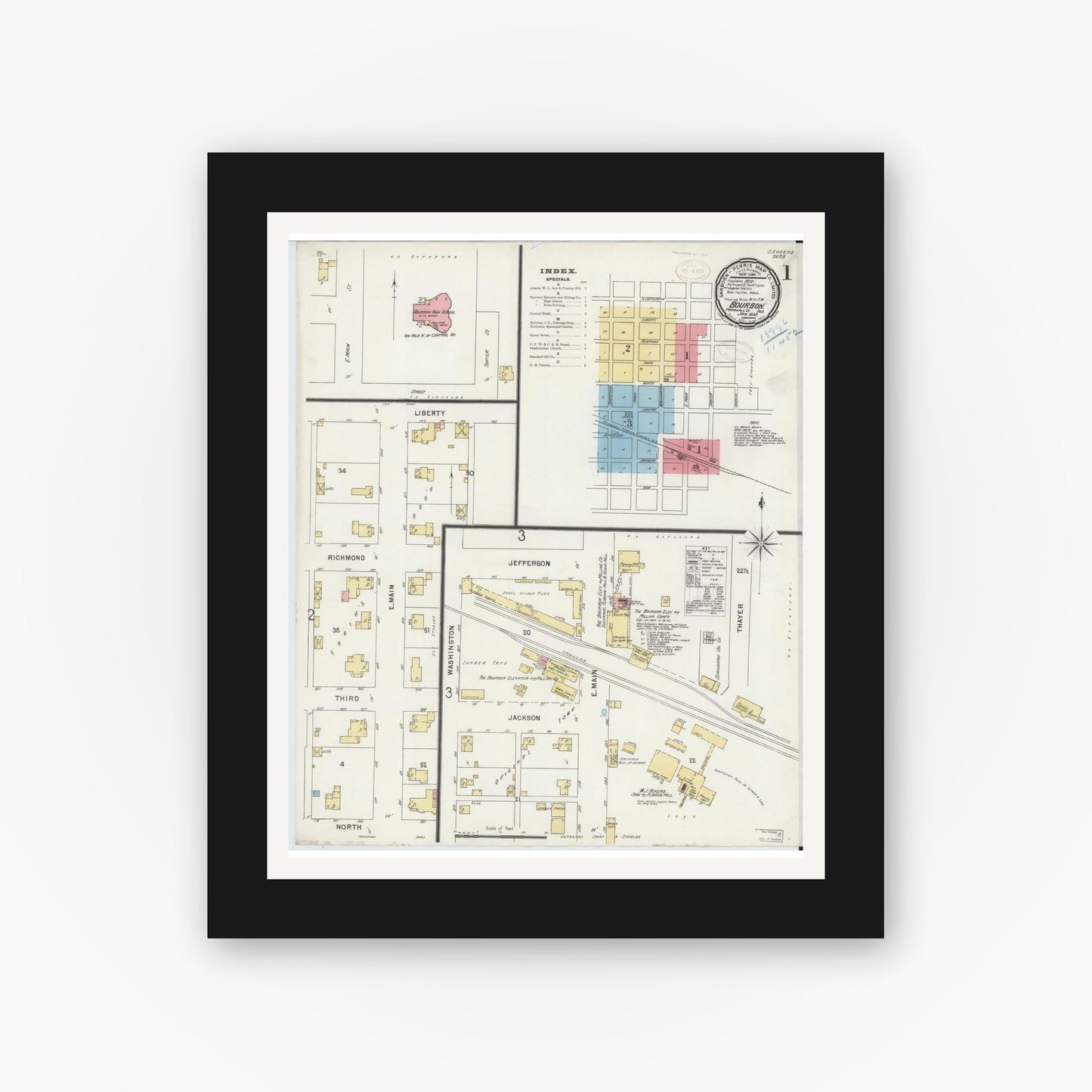 Old map wall art mockup — black gallery frame with white mat — Sanborn Fire Insurance Map from Bourbon, Marshall County, Indiana (1899) - Complete Map Set