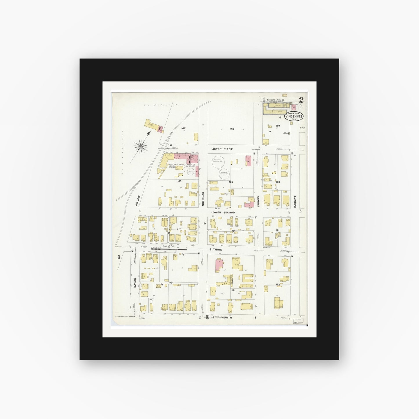 Old map wall art mockup — black gallery frame with white mat — Sanborn Fire Insurance Map from Vincennes, Knox County, Indiana (1909), Sheet #0002