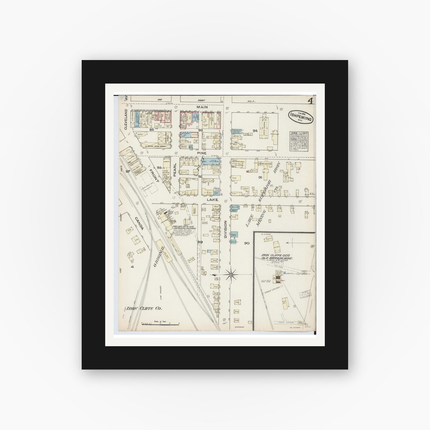 Old map wall art mockup — black gallery frame with white mat — Sanborn Fire Insurance Map from Ishpeming, Marquette County, Michigan (1884), Sheet #0004