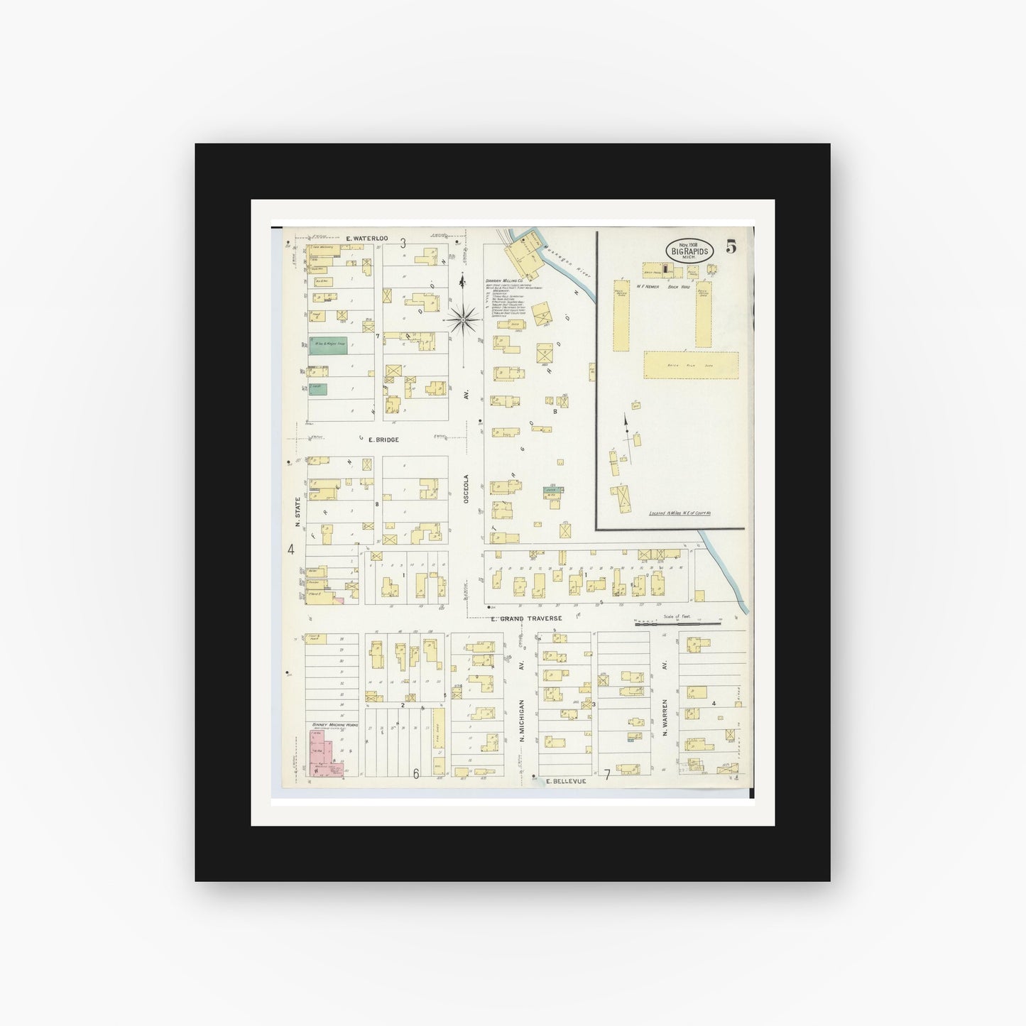 Old map wall art mockup — black gallery frame with white mat — Sanborn Fire Insurance Map from Big Rapids, Mecosta County, Michigan (1908), Sheet #0005