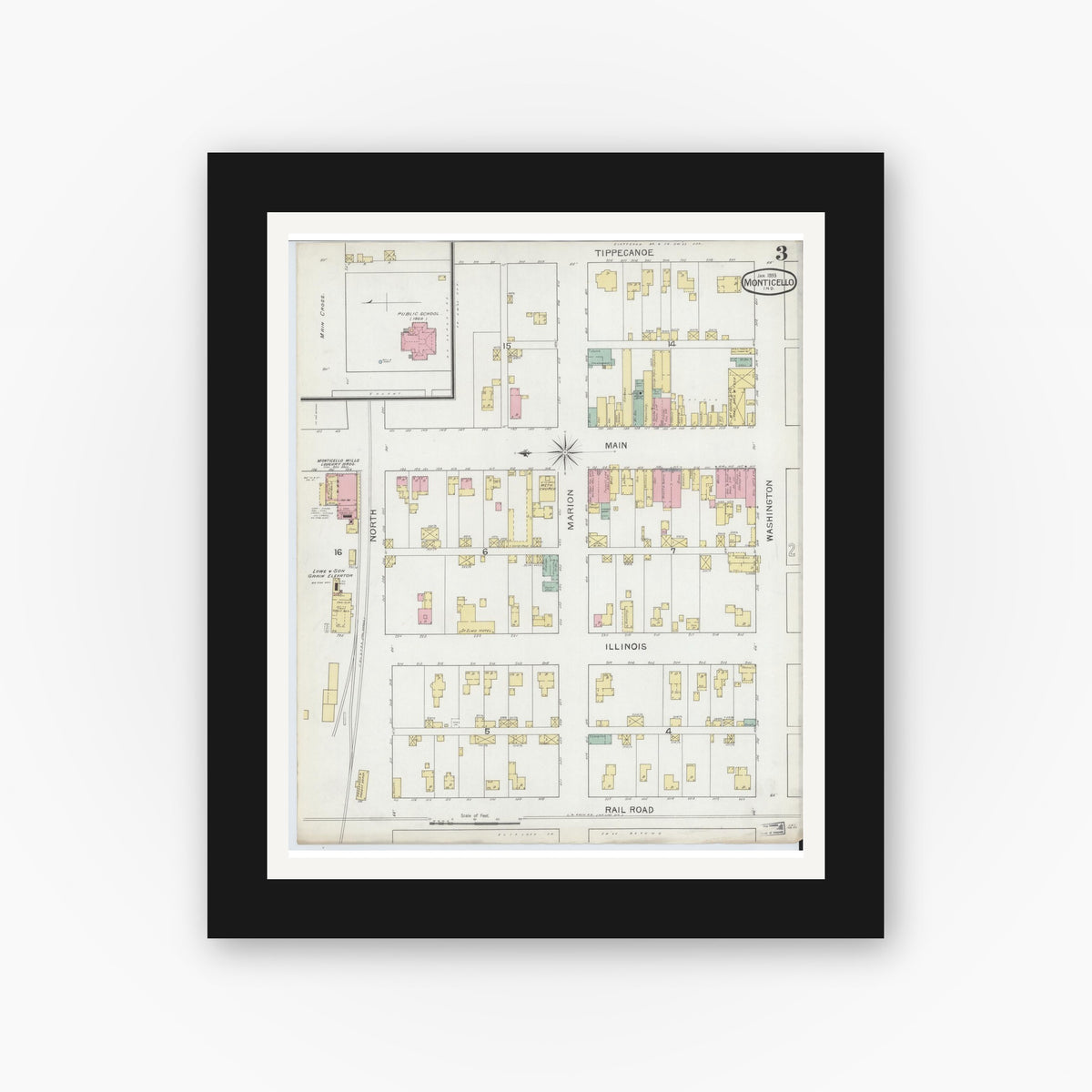 Old map wall art mockup — black gallery frame with white mat — Sanborn Fire Insurance Map from Monticello, White County, Indiana (1893), Sheet #0003