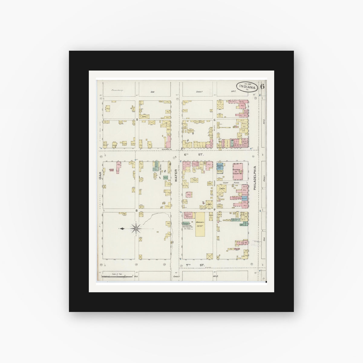 Old map wall art mockup — black gallery frame with white mat — Sanborn Fire Insurance Map from Indiana, Indiana County, Pennsylvania (1887), Sheet #0006