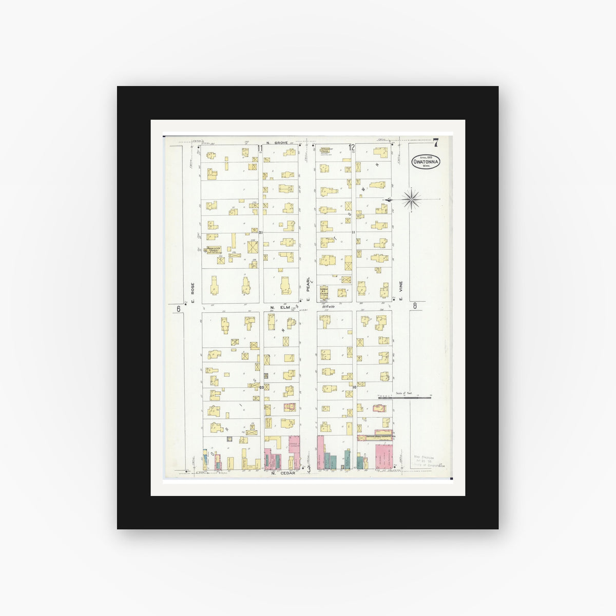 Old map wall art mockup — black gallery frame with white mat — Sanborn Fire Insurance Map from Owatonna, Steele County, Minnesota (1909), Sheet #0007