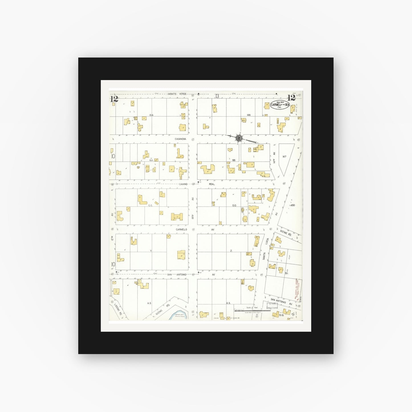 Old map wall art mockup — black gallery frame with white mat — Sanborn Fire Insurance Map from Carmel By The Sea, Monterey County, California (1924), Sheet #0012