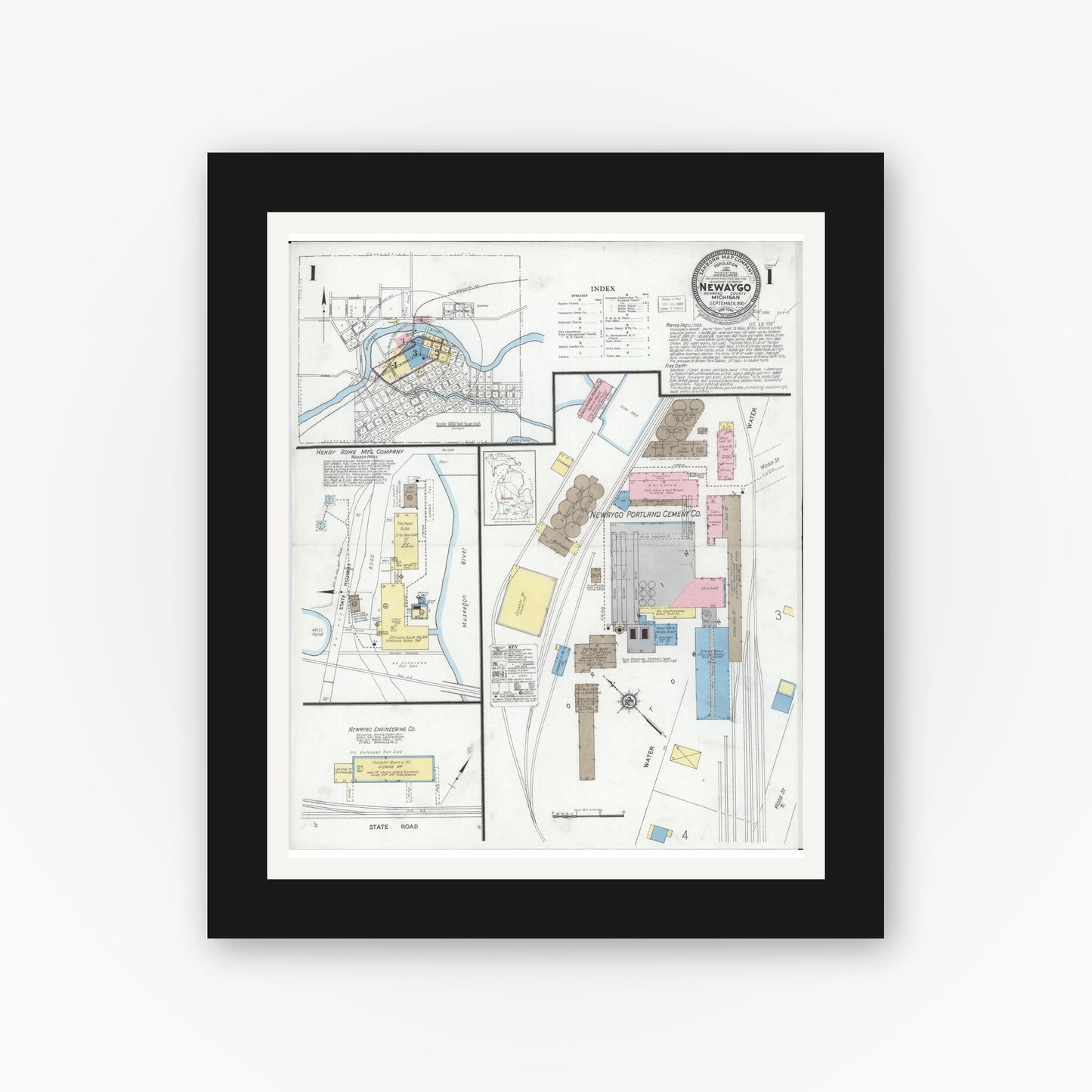 Old map wall art mockup — black gallery frame with white mat — Sanborn Fire Insurance Map from Newaygo, Newaygo County, Michigan (1930) - Complete Map Set
