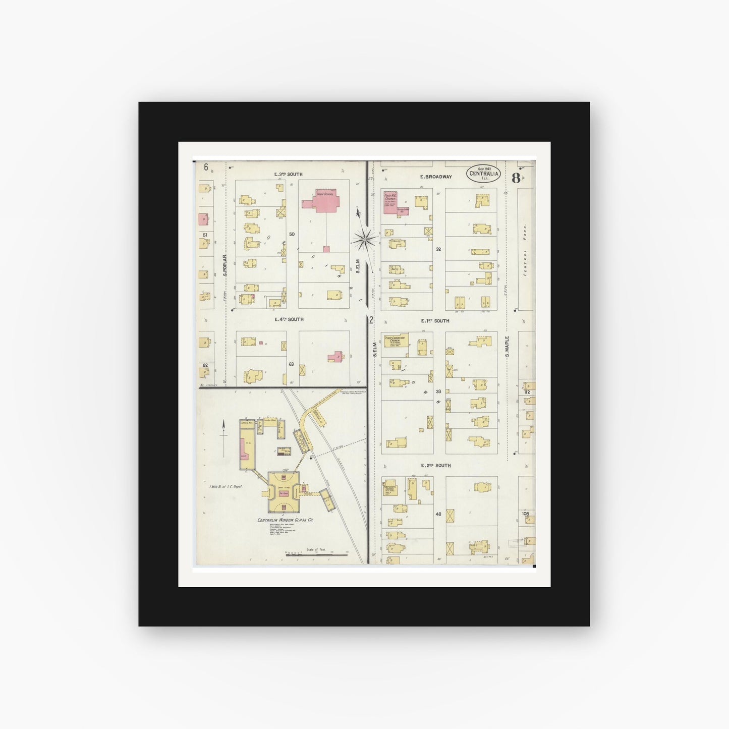 Old map wall art mockup — black gallery frame with white mat — Sanborn Fire Insurance Map from Centralia, Marion, Clinton, Jefferson, and Washington Counties, Illinois (1902), Sheet #0008