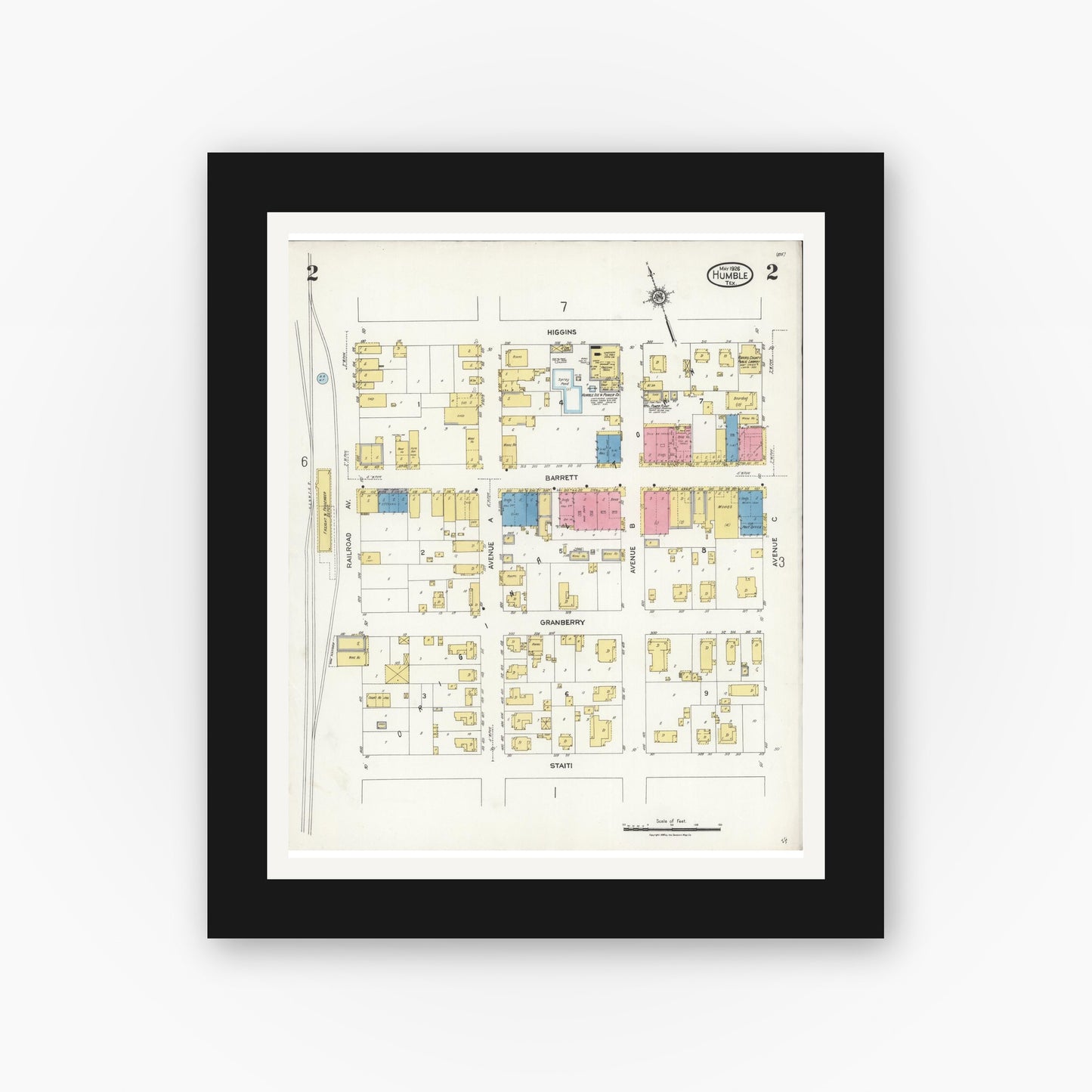 Old map wall art mockup — black gallery frame with white mat — Sanborn Fire Insurance Map from Humble, Harris County, Texas (1926), Sheet #0002