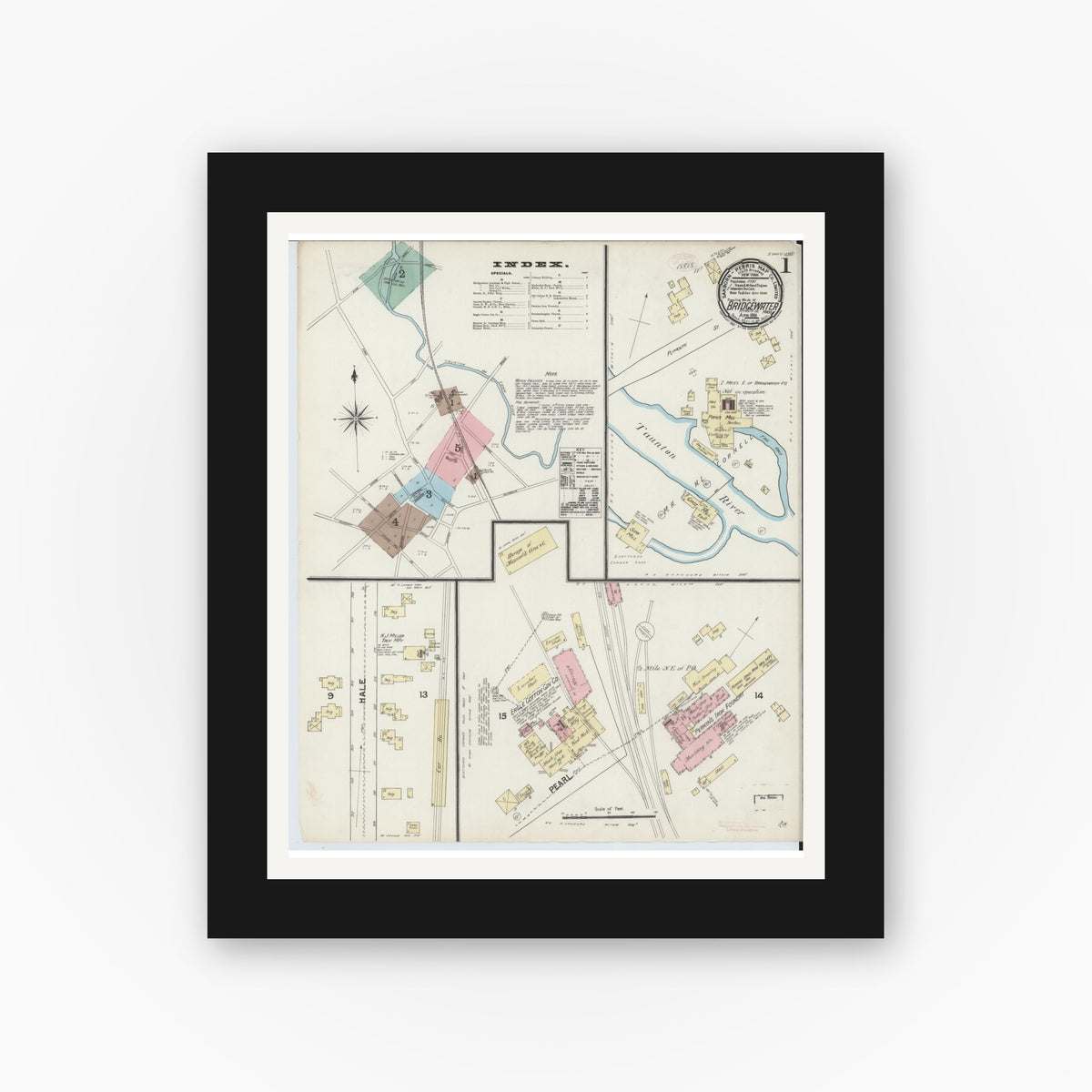 Old map wall art mockup — black gallery frame with white mat — Sanborn Fire Insurance Map from Bridgewater, Plymouth County, Massachusetts (1891), Sheet #0001