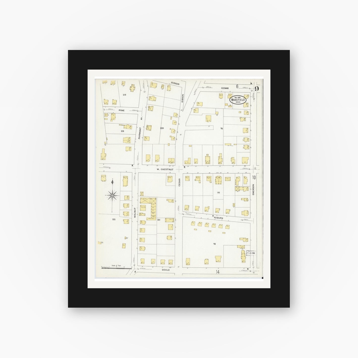 Old map wall art mockup — black gallery frame with white mat — Sanborn Fire Insurance Map from Wakefield, Middlesex County, Massachusetts (1909), Sheet #0009
