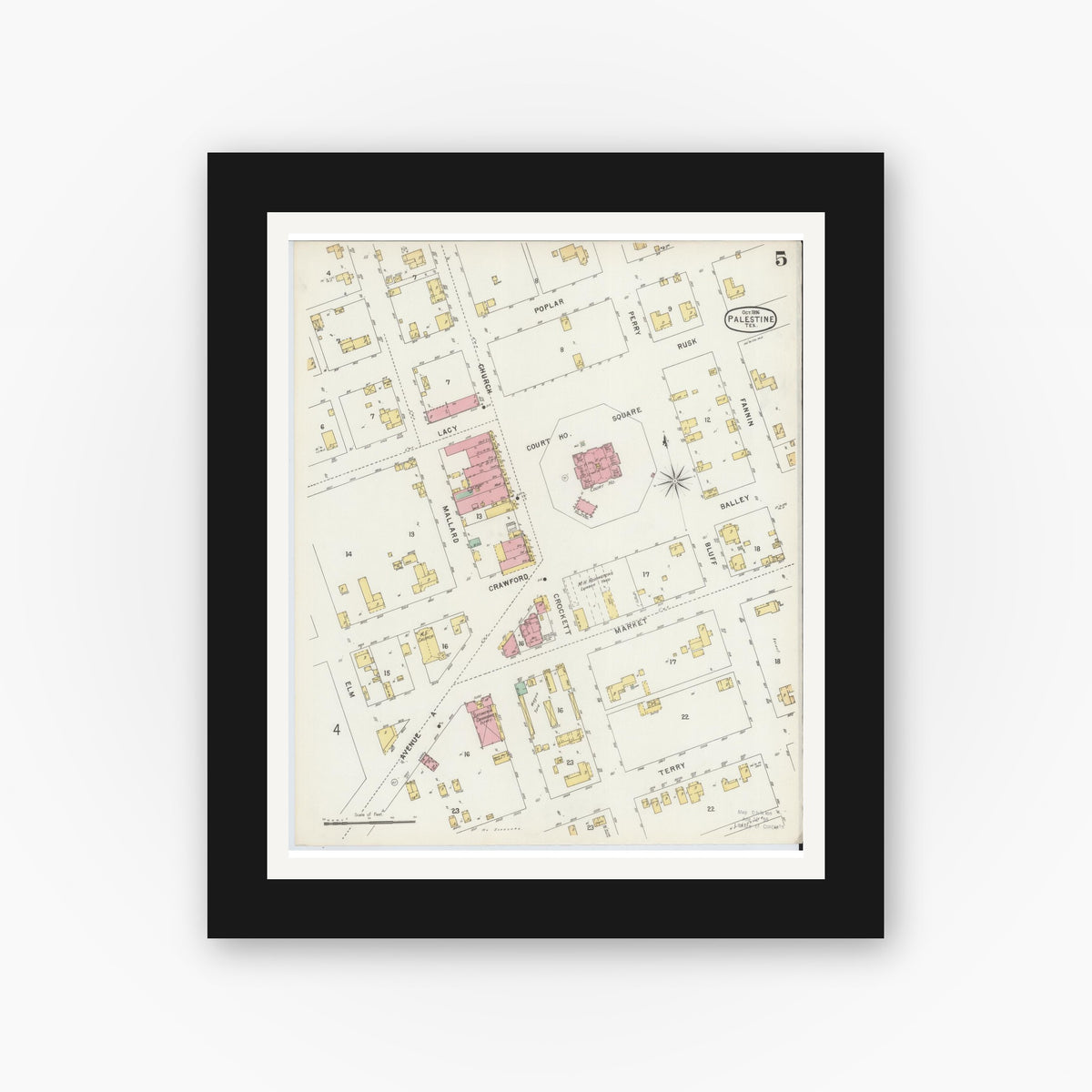 Old map wall art mockup — black gallery frame with white mat — Sanborn Fire Insurance Map from Palestine, Anderson County, Texas (1896), Sheet #0005