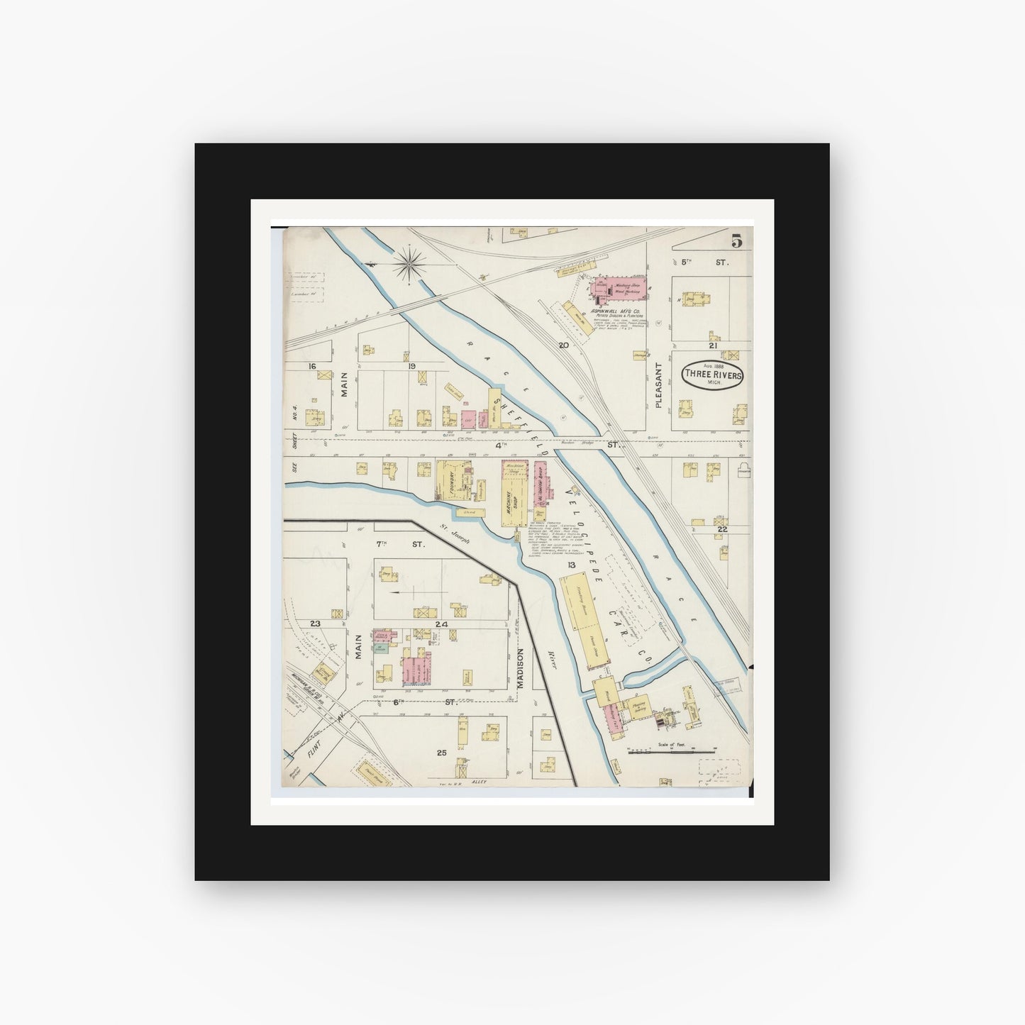Old map wall art mockup — black gallery frame with white mat — Sanborn Fire Insurance Map from Three Rivers, Saint Joseph County, Michigan (1888), Sheet #0005