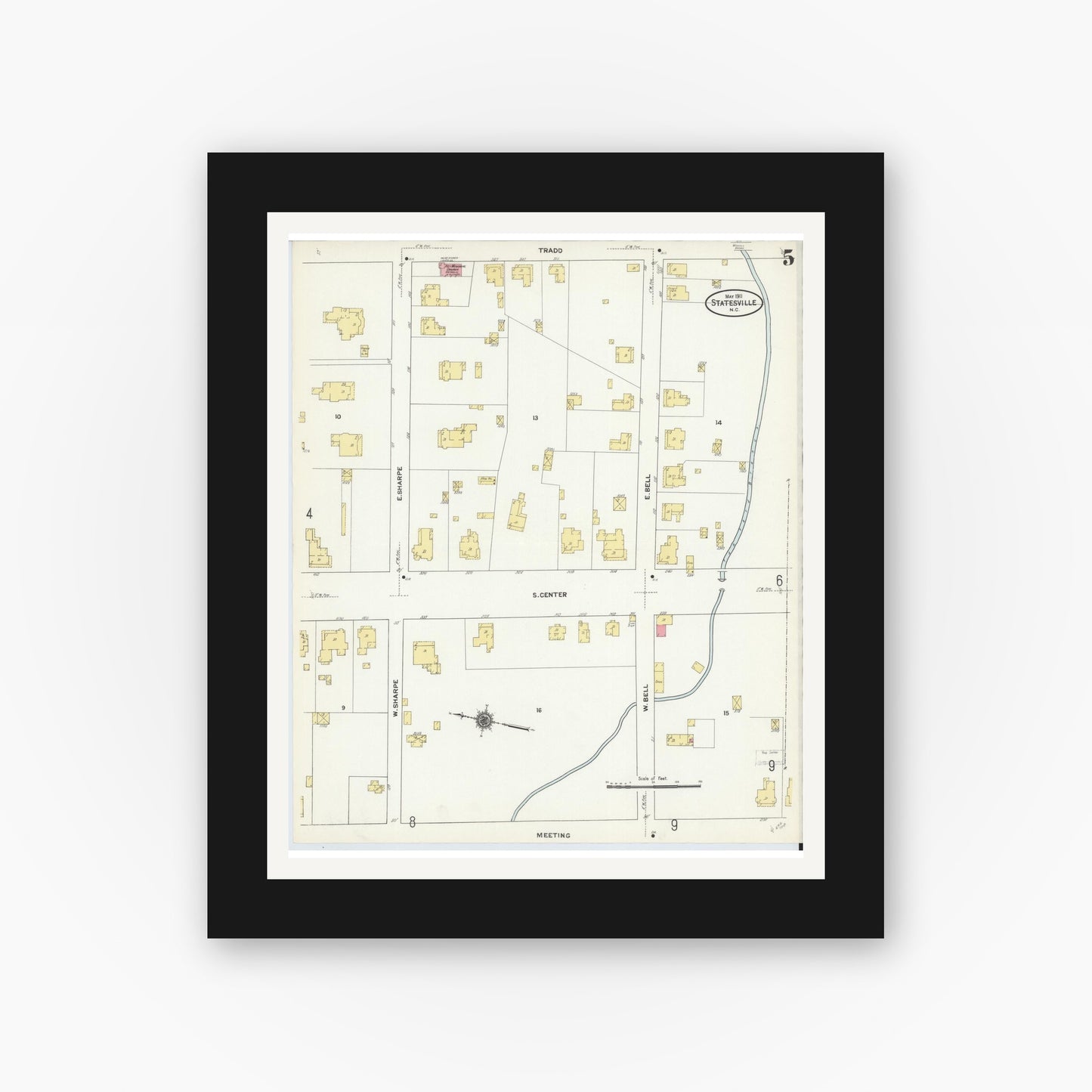 Old map wall art mockup — black gallery frame with white mat — Sanborn Fire Insurance Map from Statesville, Iredell County, North Carolina (1911), Sheet #0005