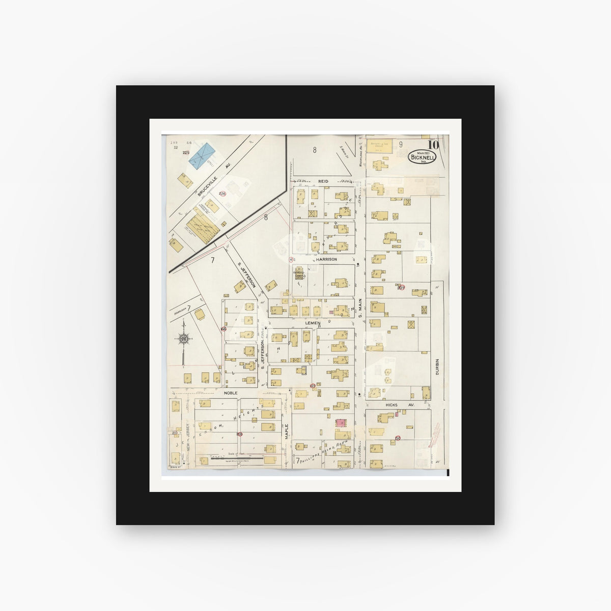 Old map wall art mockup — black gallery frame with white mat — Sanborn Fire Insurance Map from Bicknell, Knox County, Indiana (1946), Sheet #0010