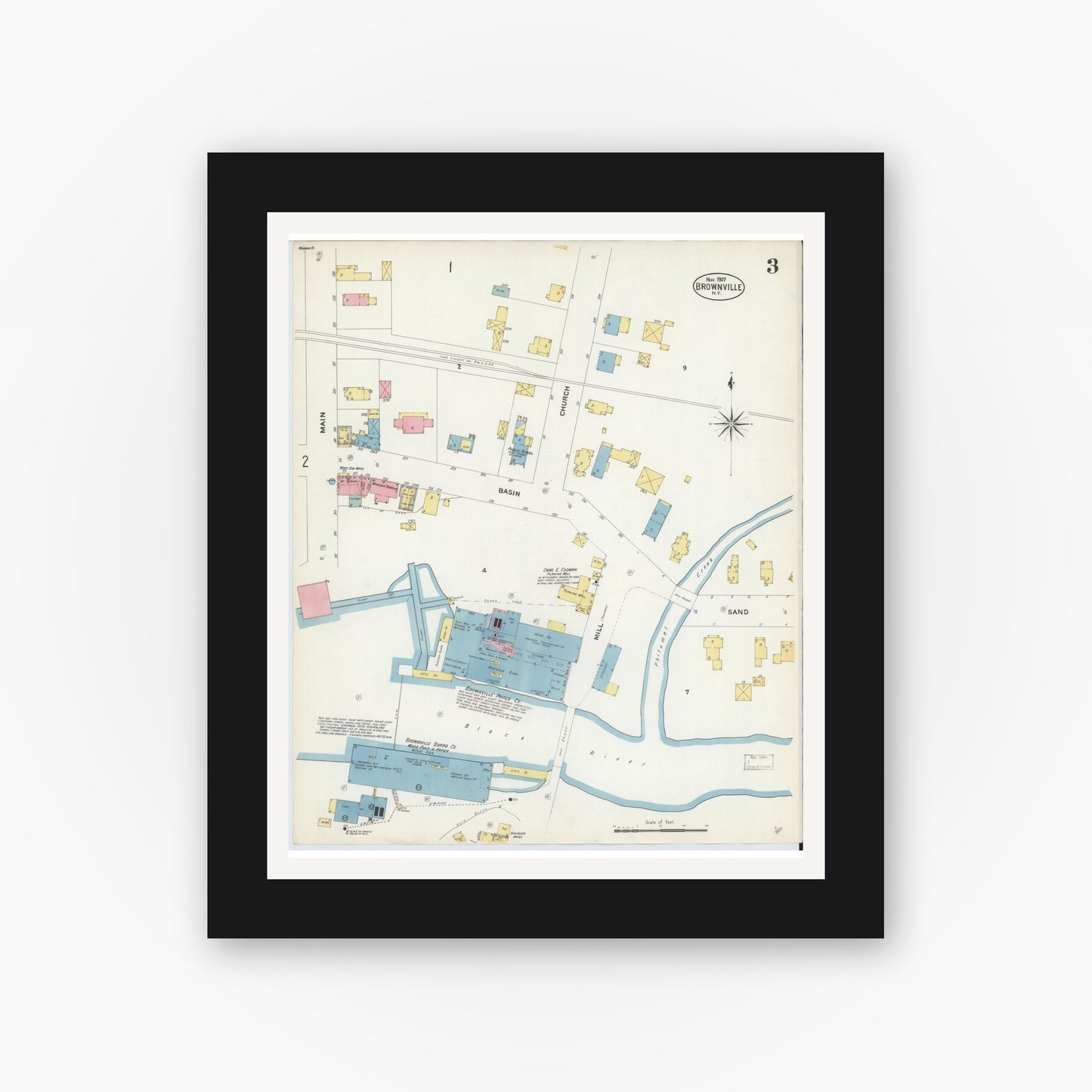 Old map wall art mockup — black gallery frame with white mat — Sanborn Fire Insurance Map from Brownville, Jefferson County, New York (1907), Sheet #0003