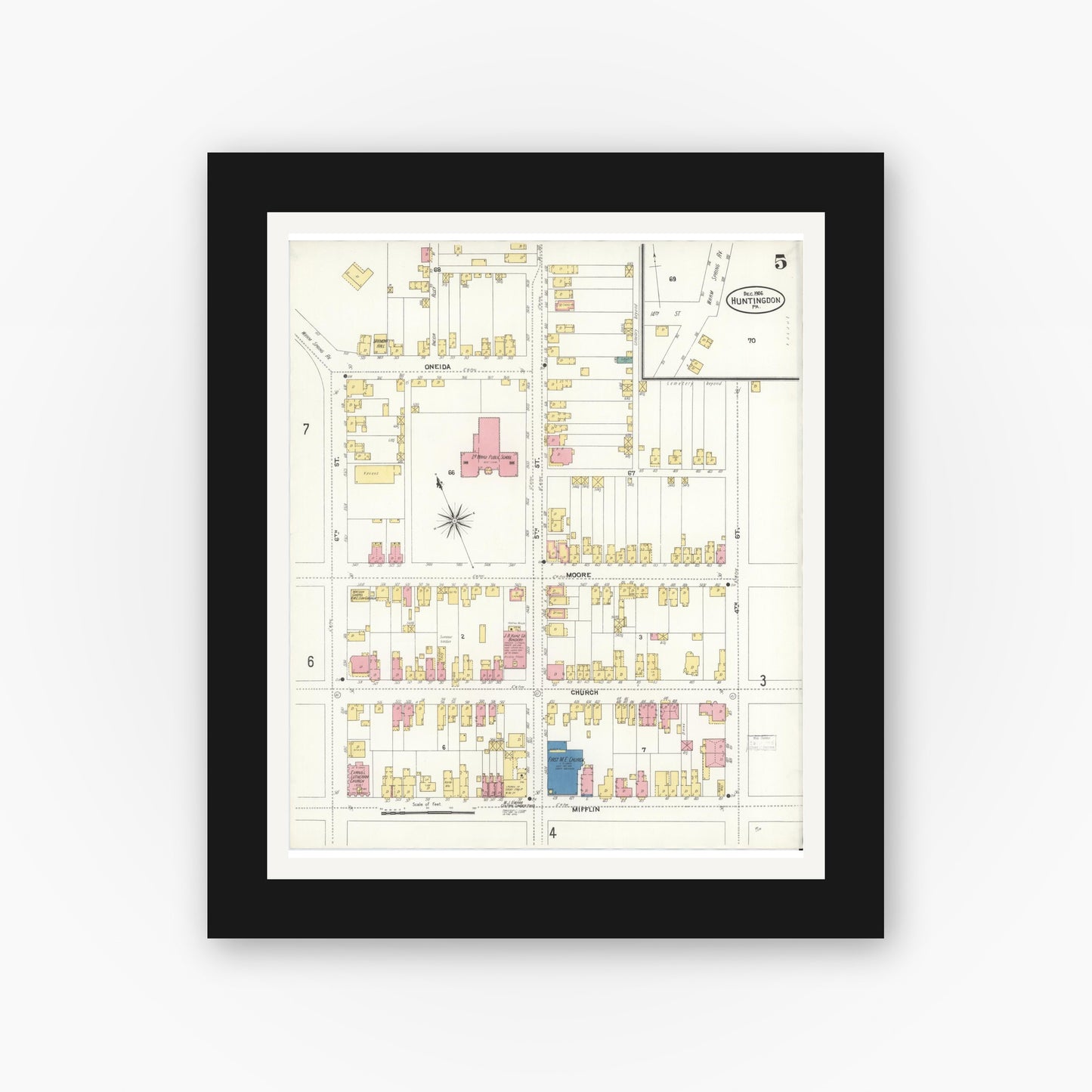 Old map wall art mockup — black gallery frame with white mat — Sanborn Fire Insurance Map from Huntingdon, Huntingdon County, Pennsylvania (1906), Sheet #0005