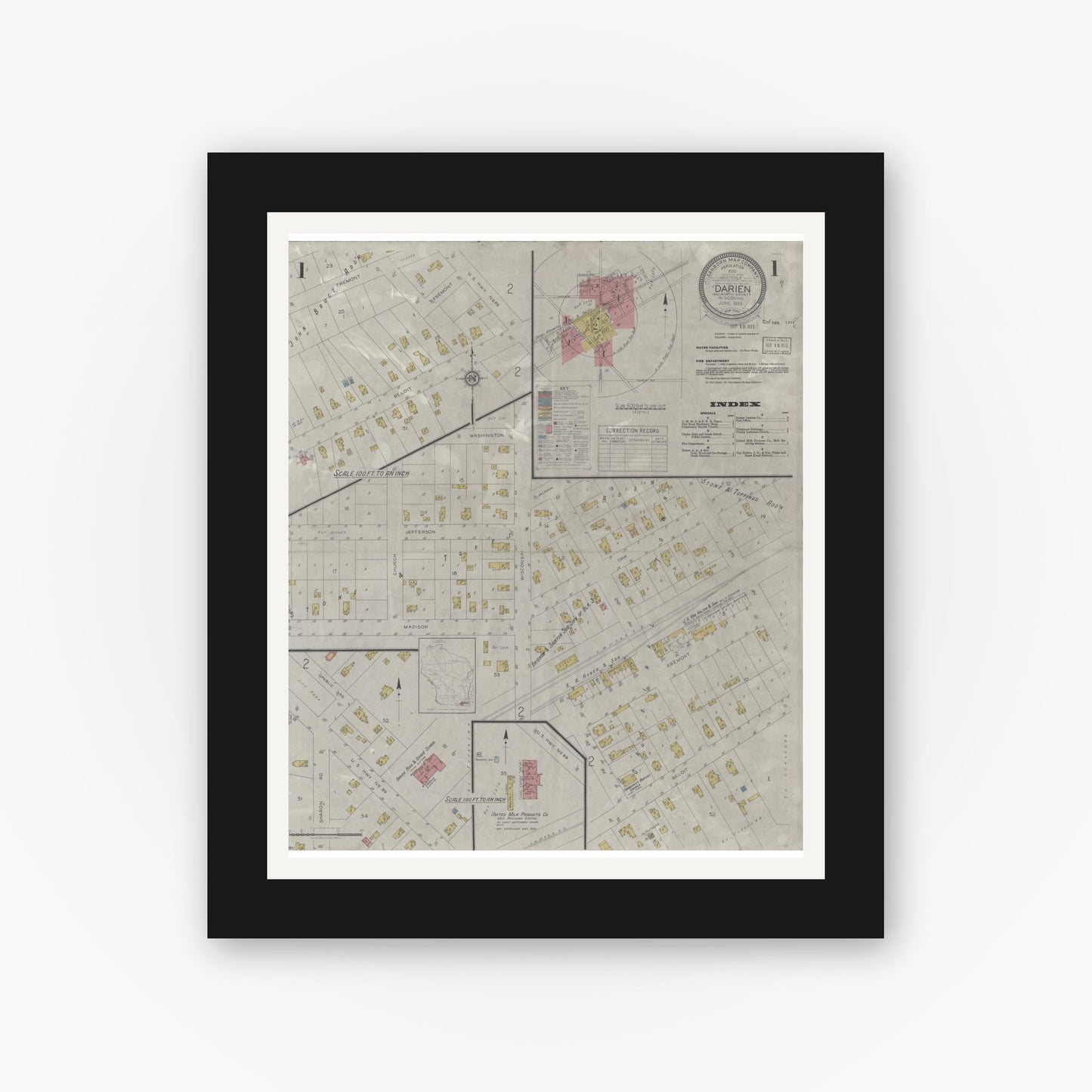 Old map wall art mockup — black gallery frame with white mat — Sanborn Fire Insurance Map from Darien, Walworth County, Wisconsin (1933) - Complete Map Set