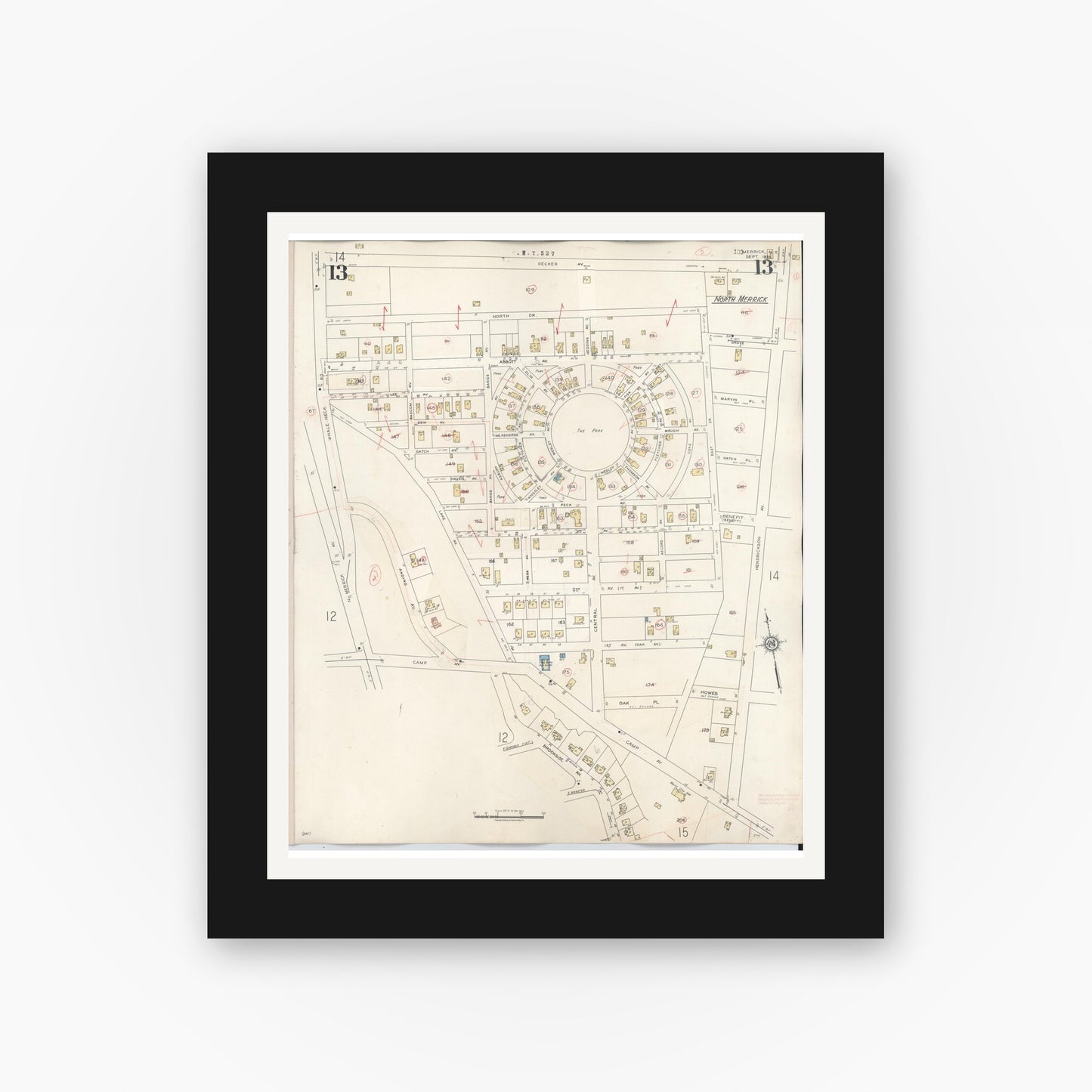 Old map wall art mockup — black gallery frame with white mat — Sanborn Fire Insurance Map from Merrick, Nassau County, New York (1947), Sheet #0013