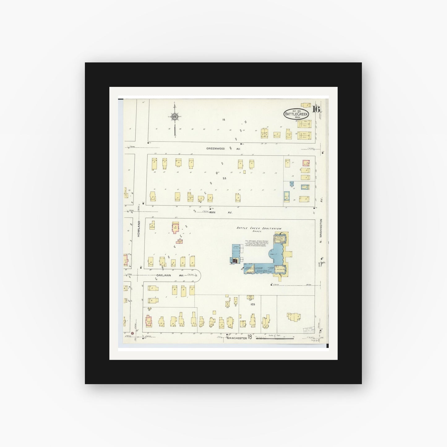 Old map wall art mockup — black gallery frame with white mat — Sanborn Fire Insurance Map from Battle Creek, Calhoun County, Michigan (1913), Sheet #0016