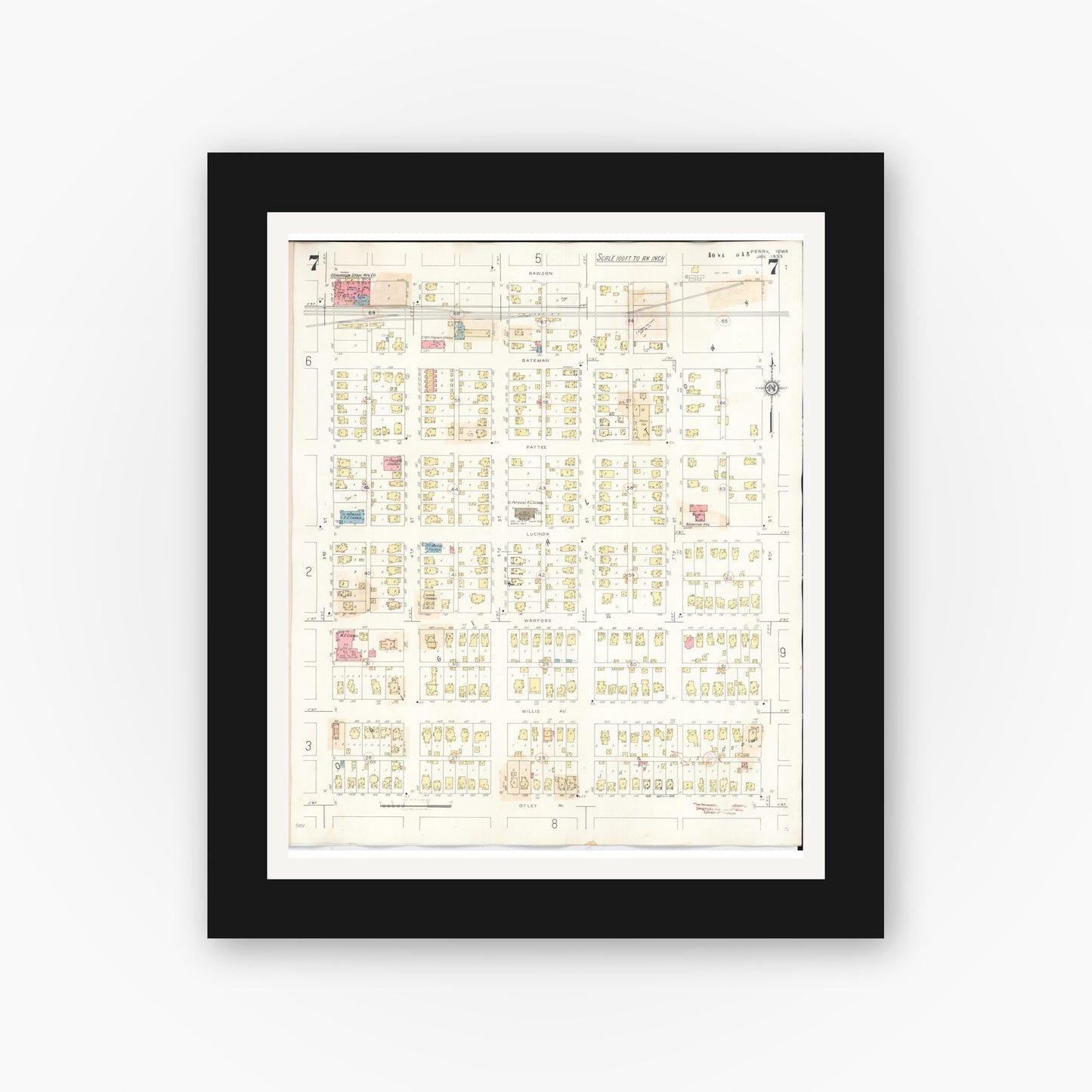 Old map wall art mockup β black gallery frame with white mat β Sanborn Fire Insurance Map from Perry, Dallas County, Iowa (1947), Sheet #0007