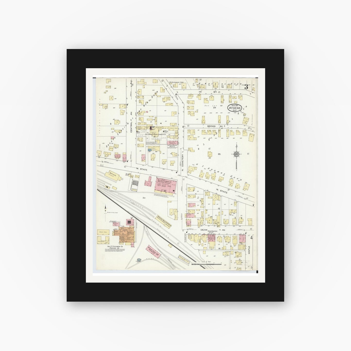 Old map wall art mockup — black gallery frame with white mat — Sanborn Fire Insurance Map from Athens, Athens County, Ohio (1914), Sheet #0003
