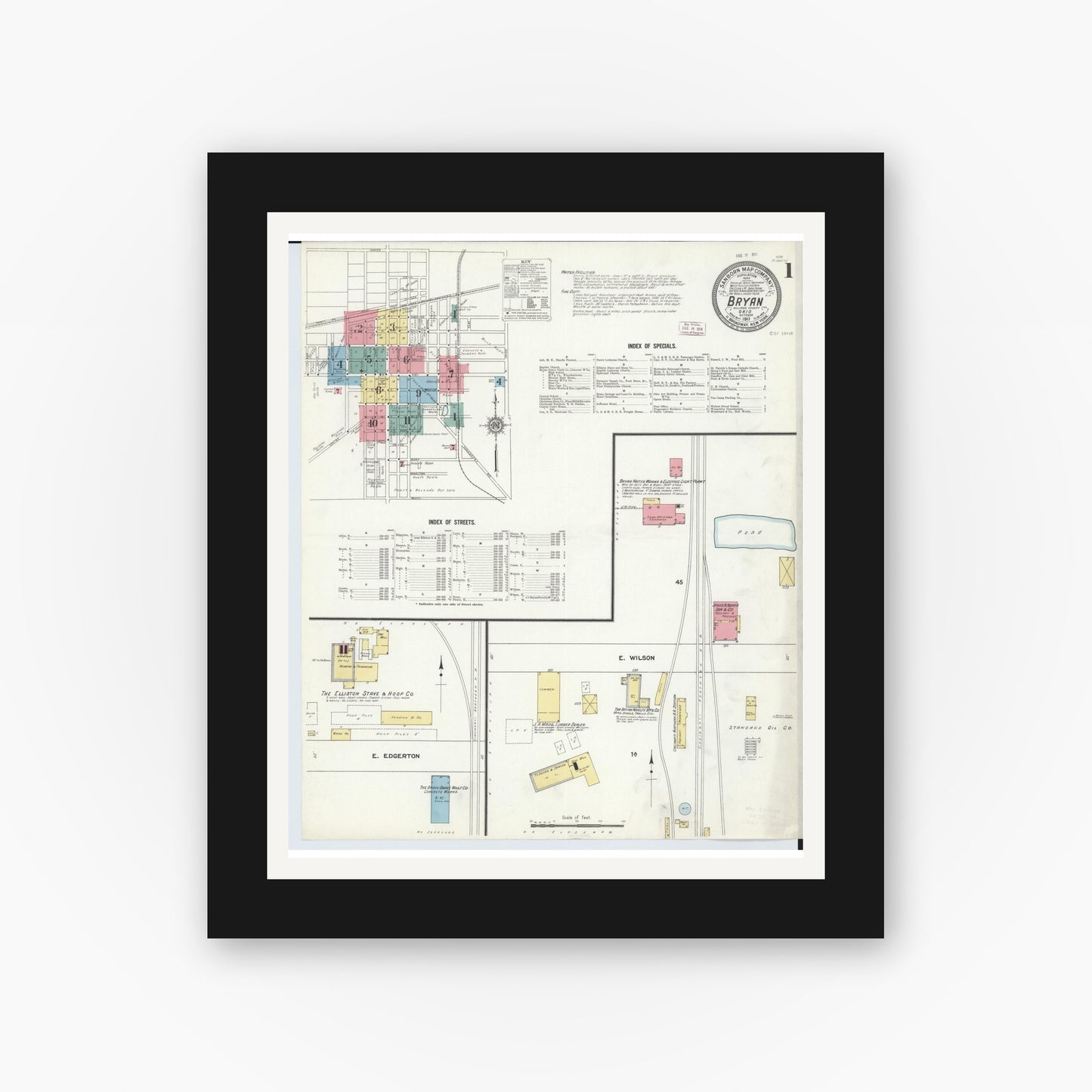 Old map wall art mockup — black gallery frame with white mat — Sanborn Fire Insurance Map from Bryan, Williams County, Ohio (1911) - Complete Map Set