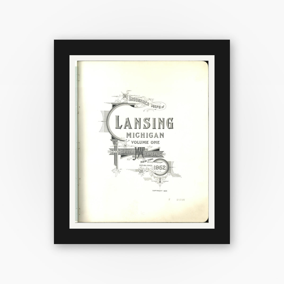 Old map wall art mockup β black gallery frame with white mat β Sanborn Fire Insurance Map from Lansing, Ingham County, Michigan (1953), Sheet #0001