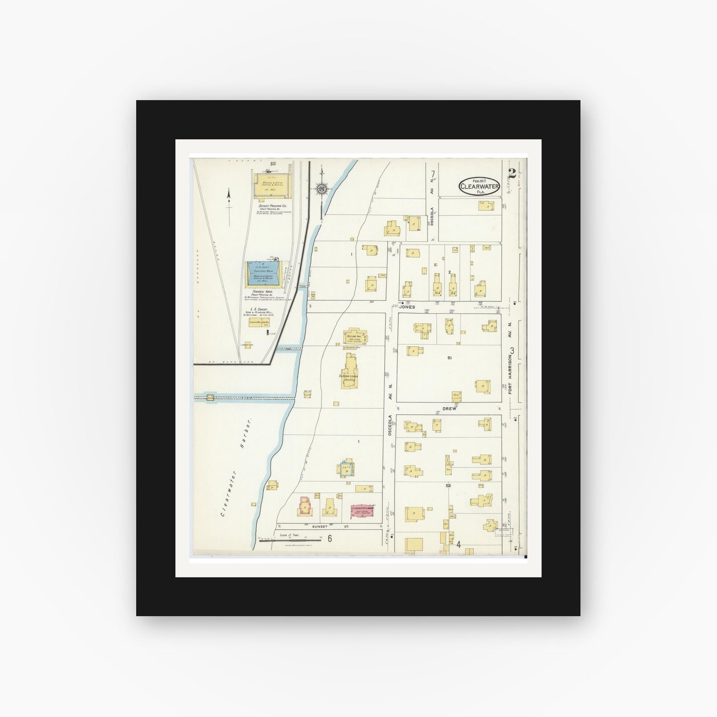 Old map wall art mockup — black gallery frame with white mat — Sanborn Fire Insurance Map from Clearwater, Pinellas County, Florida (1917), Sheet #0002