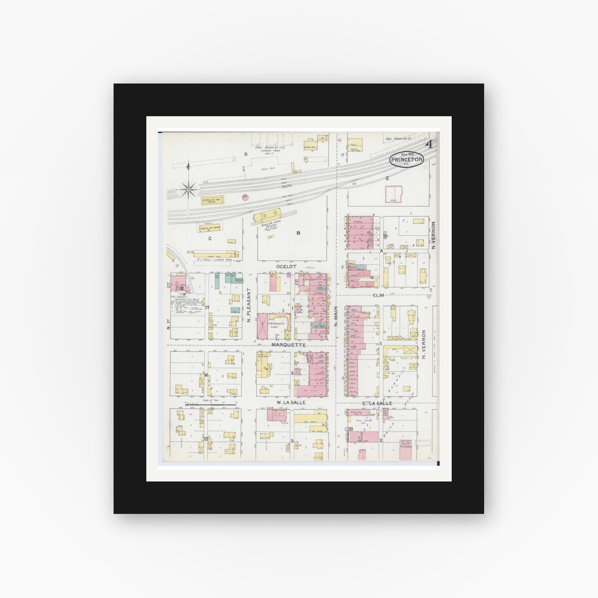 Old map wall art mockup — black gallery frame with white mat — Sanborn Fire Insurance Map from Princeton, Bureau County, Illinois (1892), Sheet #0004