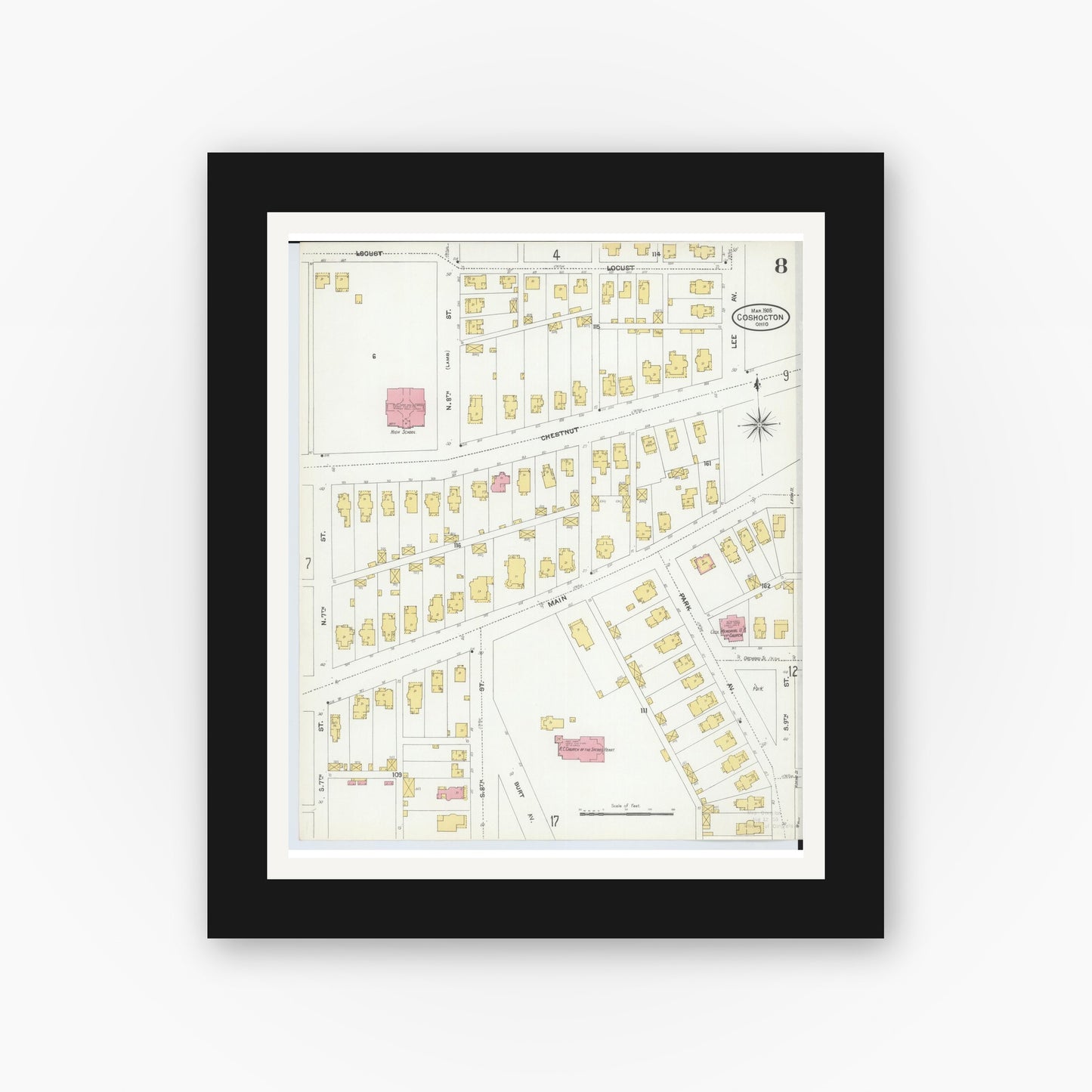 Old map wall art mockup — black gallery frame with white mat — Sanborn Fire Insurance Map from Coshocton, Coshocton County, Ohio (1905), Sheet #0008