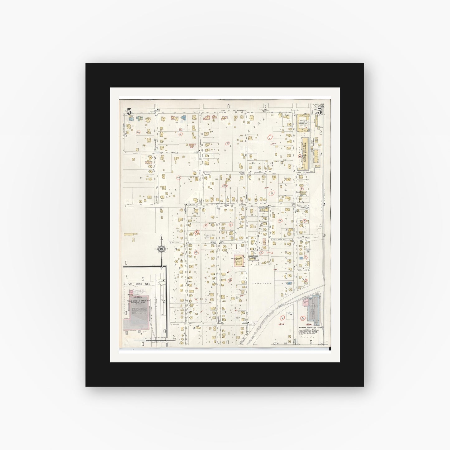 Old map wall art mockup — black gallery frame with white mat — Sanborn Fire Insurance Map from Plano, Collin County, Texas (1961), Sheet #0005