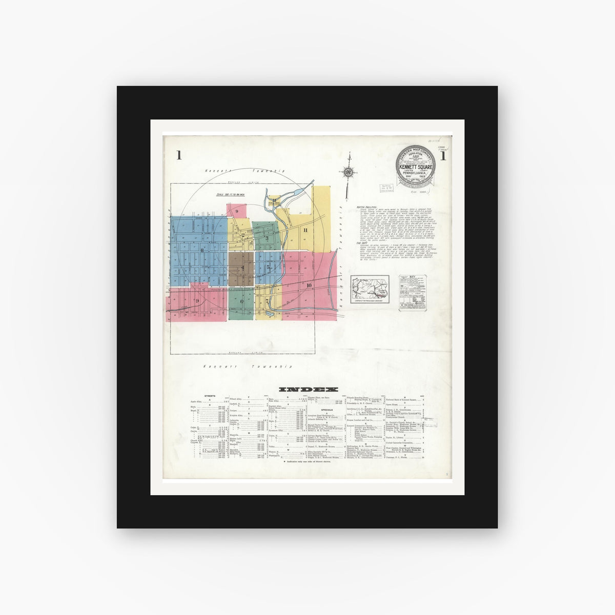 Old map wall art mockup — black gallery frame with white mat — Sanborn Fire Insurance Map from Kennett Square, Chester County, Pennsylvania (1923), Sheet #0001
