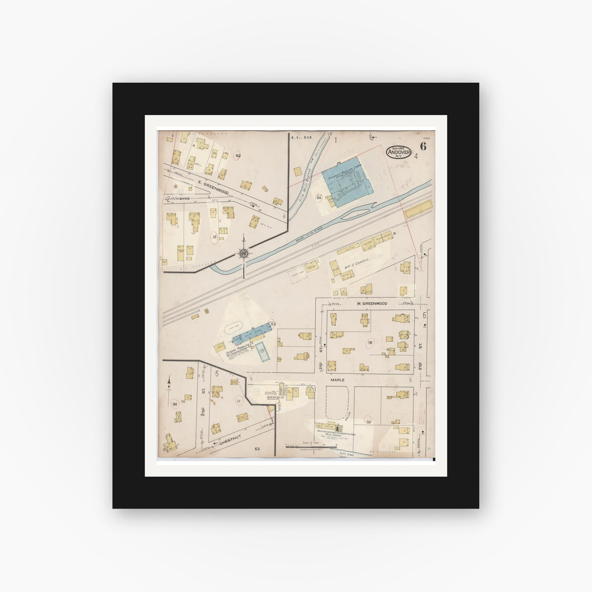 Old map wall art mockup — black gallery frame with white mat — Sanborn Fire Insurance Map from Andover, Allegany County, New York (1940), Sheet #0006