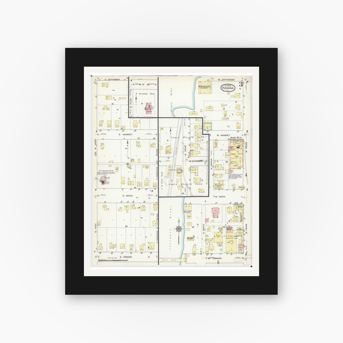 Old map wall art mockup — black gallery frame with white mat — Sanborn Fire Insurance Map from Havana, Mason County, Illinois (1914), Sheet #0003